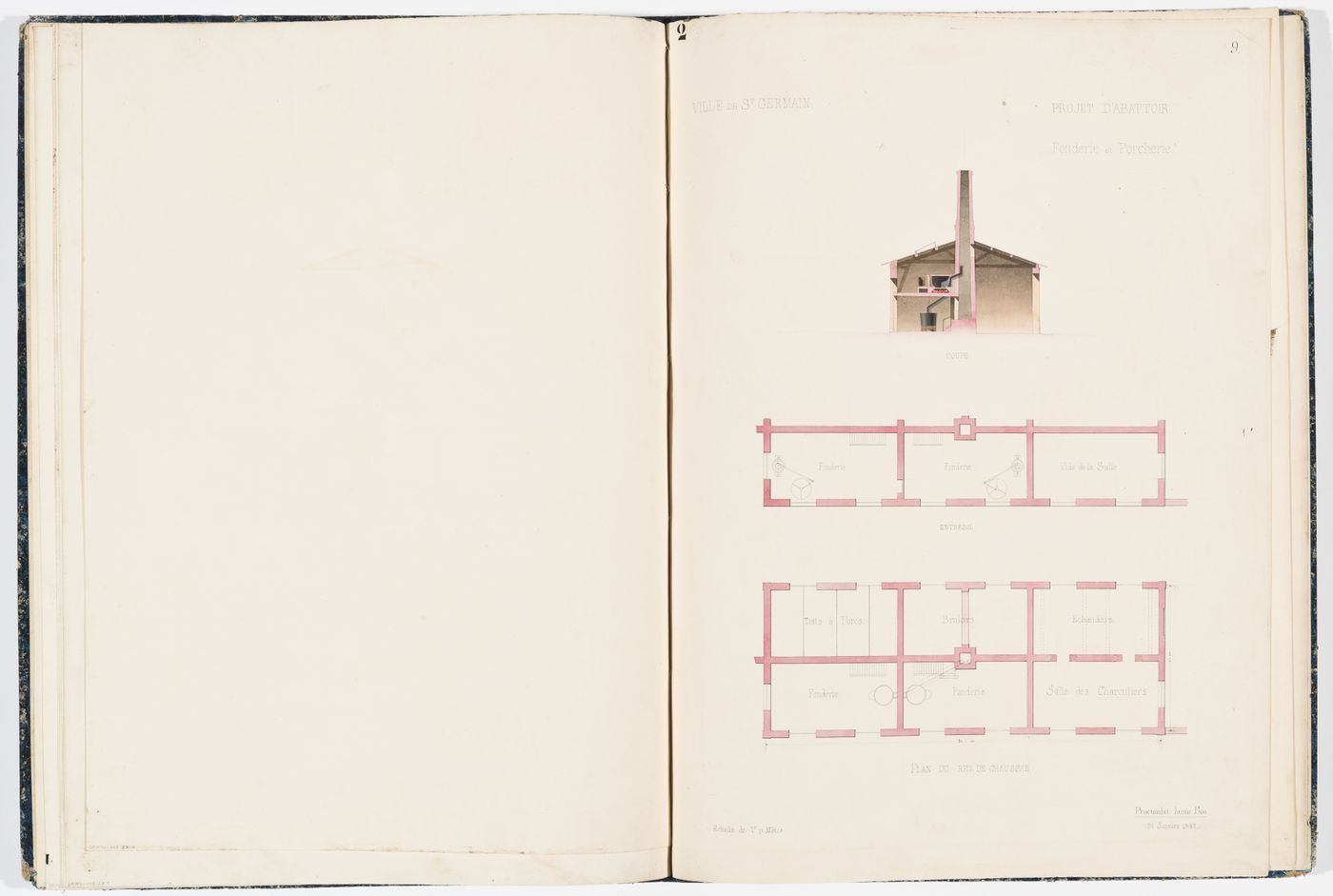 Cross section and ground floor and "entresol" plans for the "porcherie", including the "fonderie"