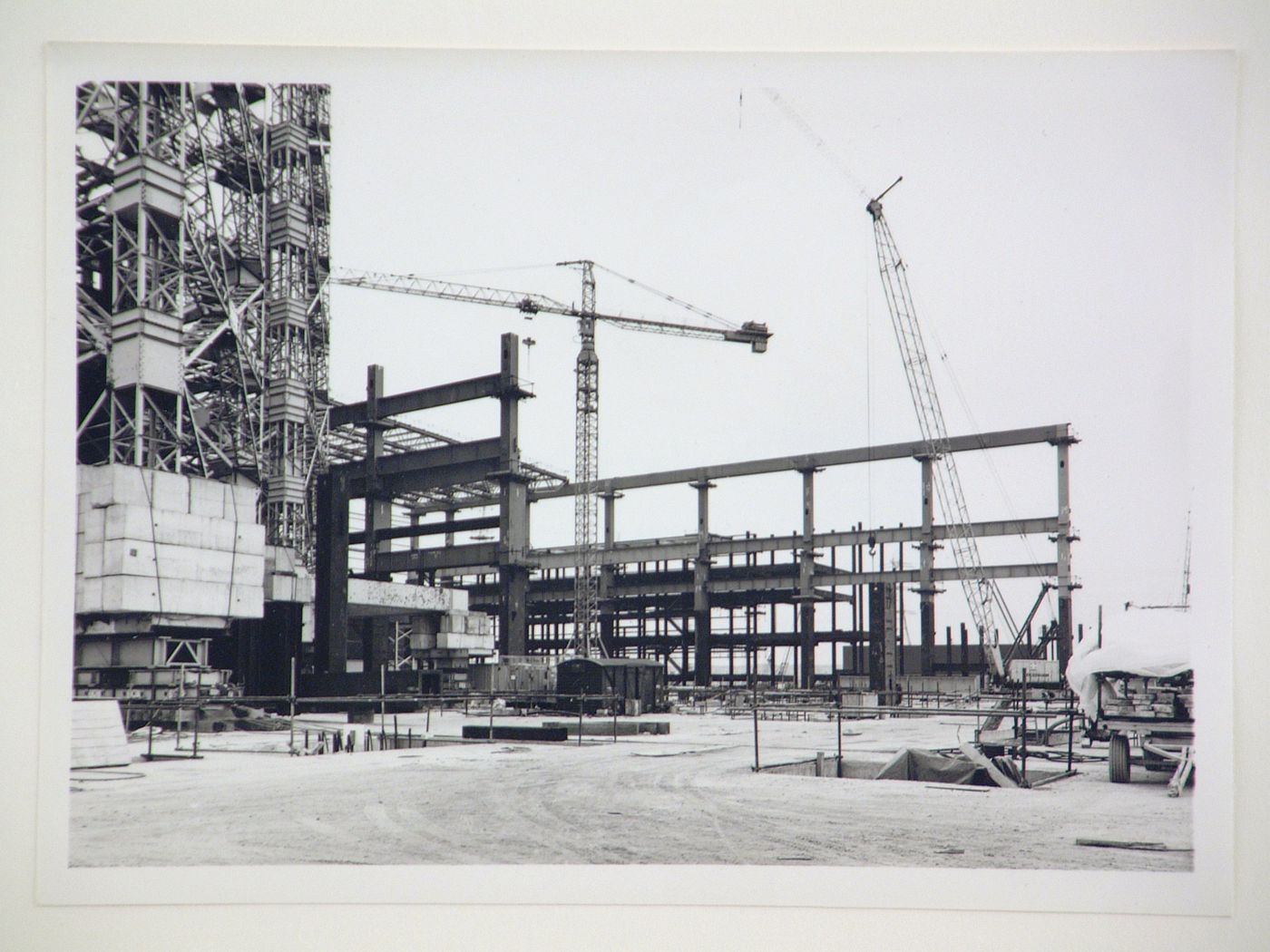 View of cranes and construction of steel structure for power station, United Kingdom