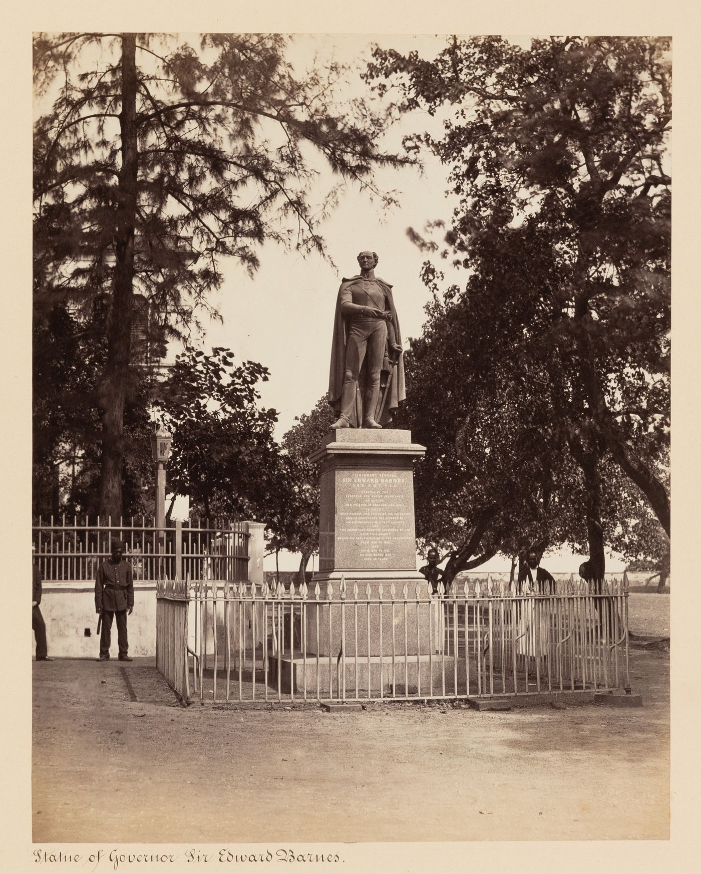 View of the statue of Sir Edward Barnes, Queen's Street (now Janadhipathi Mawatha), Colombo, Ceylon (now Sri Lanka)