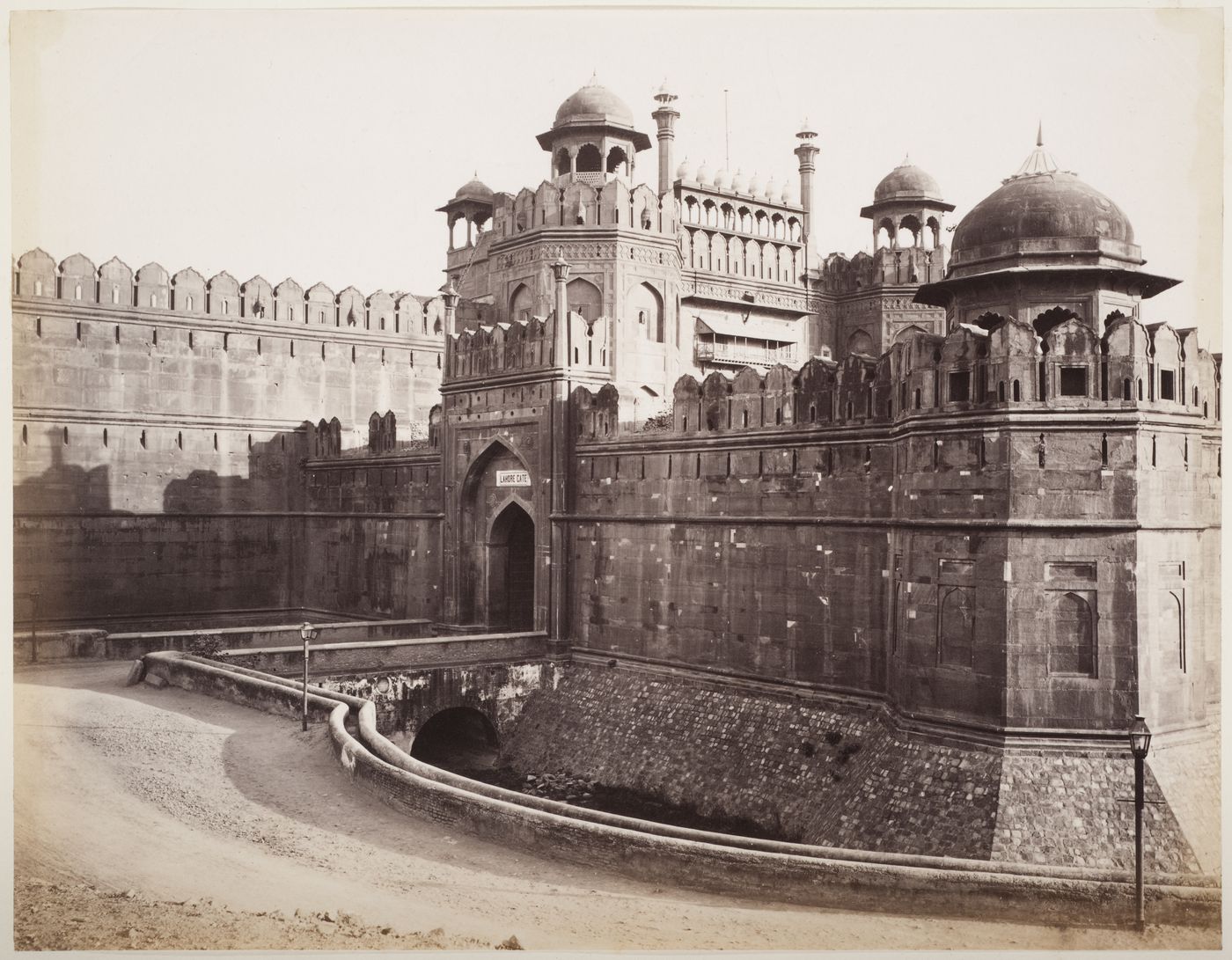 View of the Lahore Gate showing the moat, Shahjahanabad (now Lal Qila or Red Fort), Delhi, India