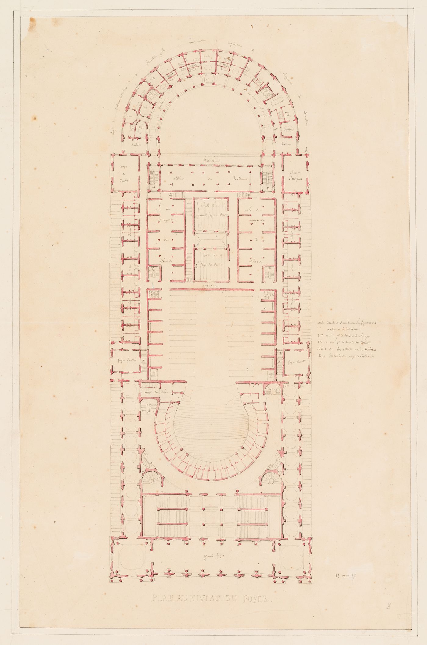 Plan for the "niveau du foyer" for an opera house for the Académie royale de musique
