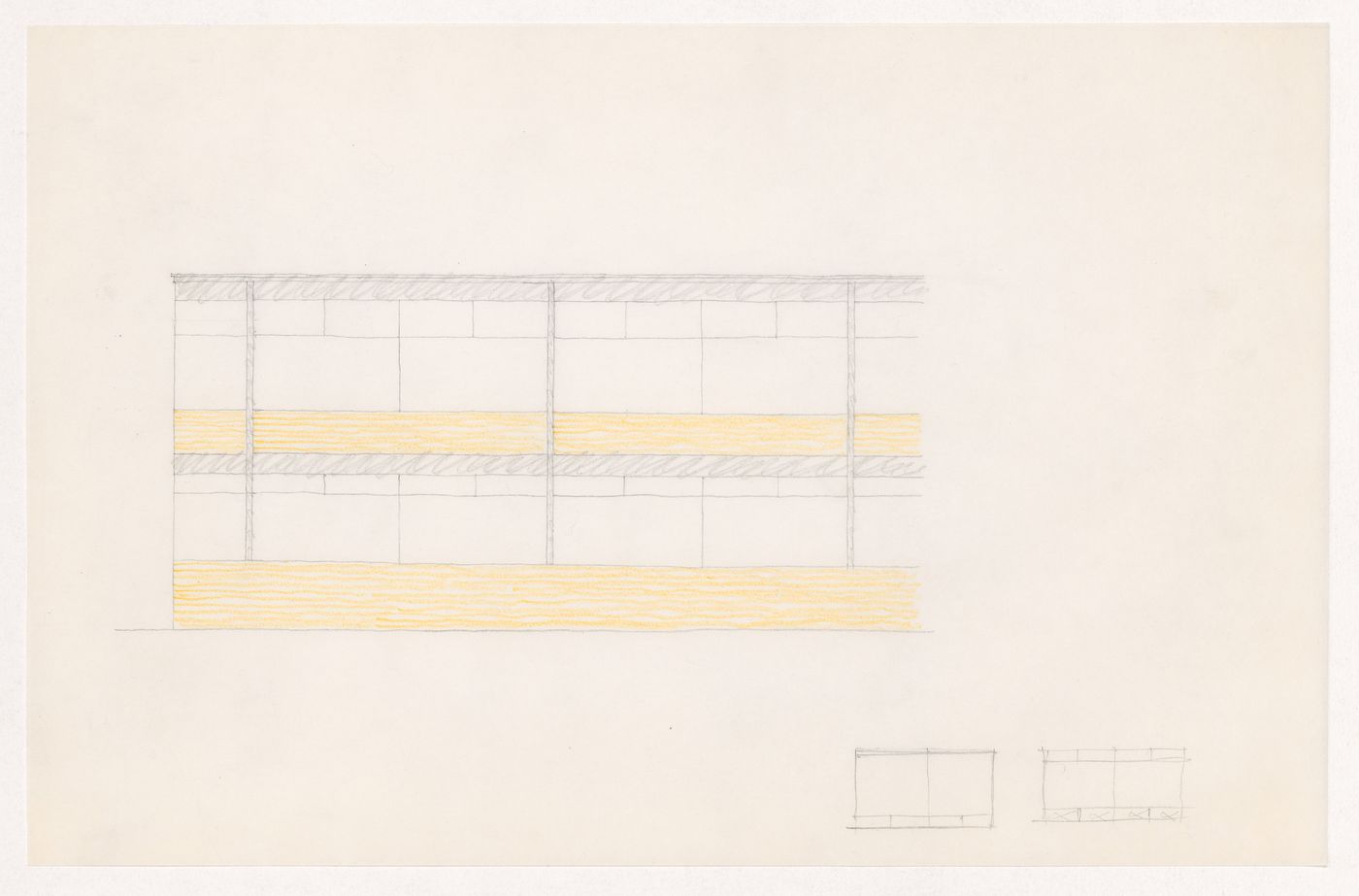 Partial sketch elevation for the Metallurgy Building, Illinois Institute of Technology, Chicago, with small sketch elevations for double windows
