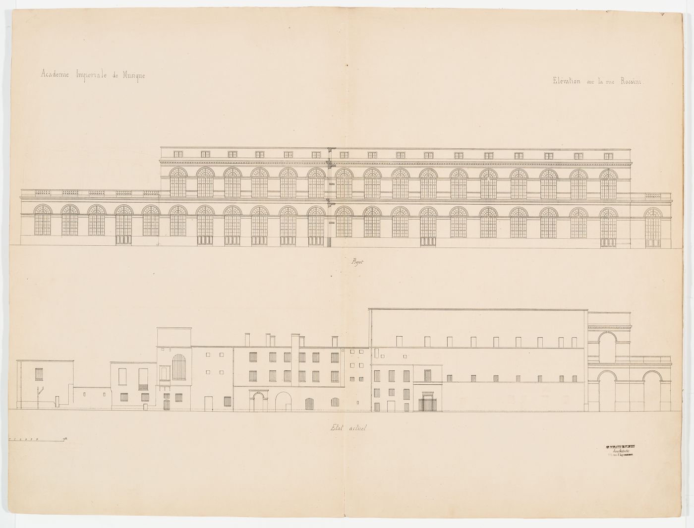 Side elevations of Salle Le Peletier, one with additions for a new design