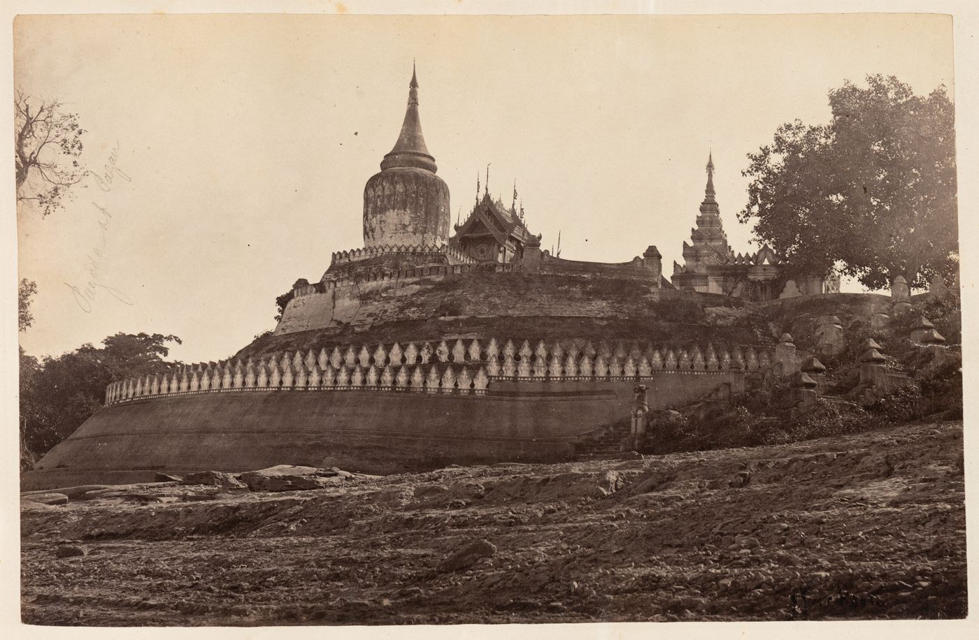 View of the Bupaya Temple showing walls and buildings, Pagan, Burma ...