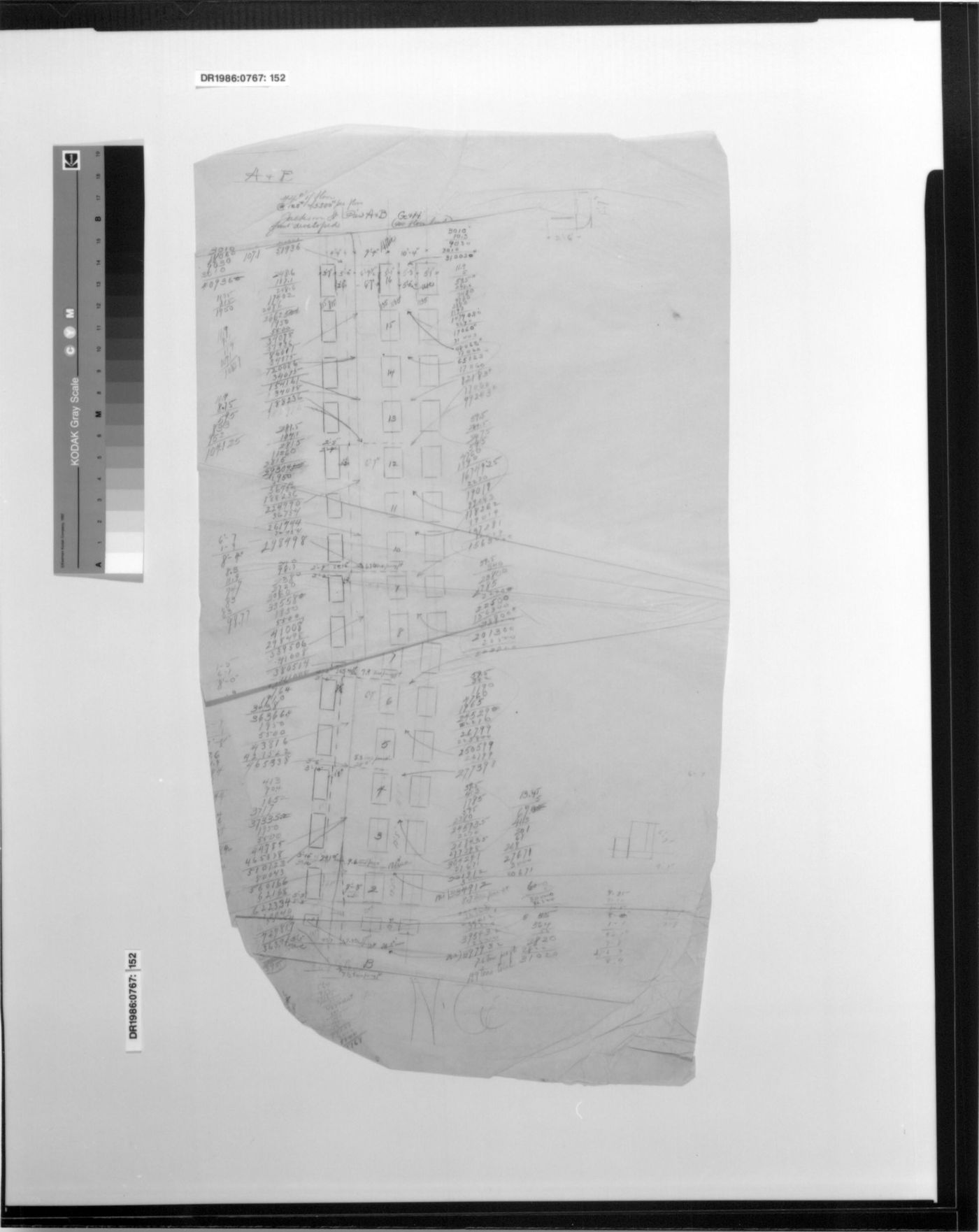 Monadnock Building, Chicago: Partial elevation with load calculations for piers A, F, B and possibly G and H