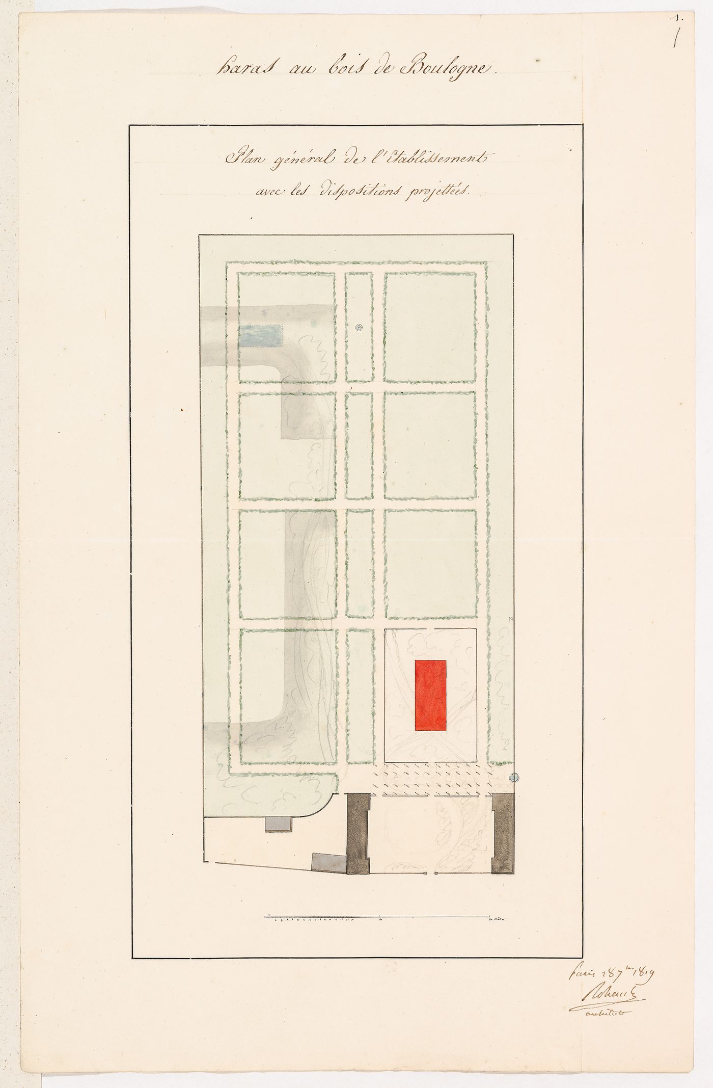 Project for a stud-farm "Haras de Madrid", Bois de Boulogne: Block plan