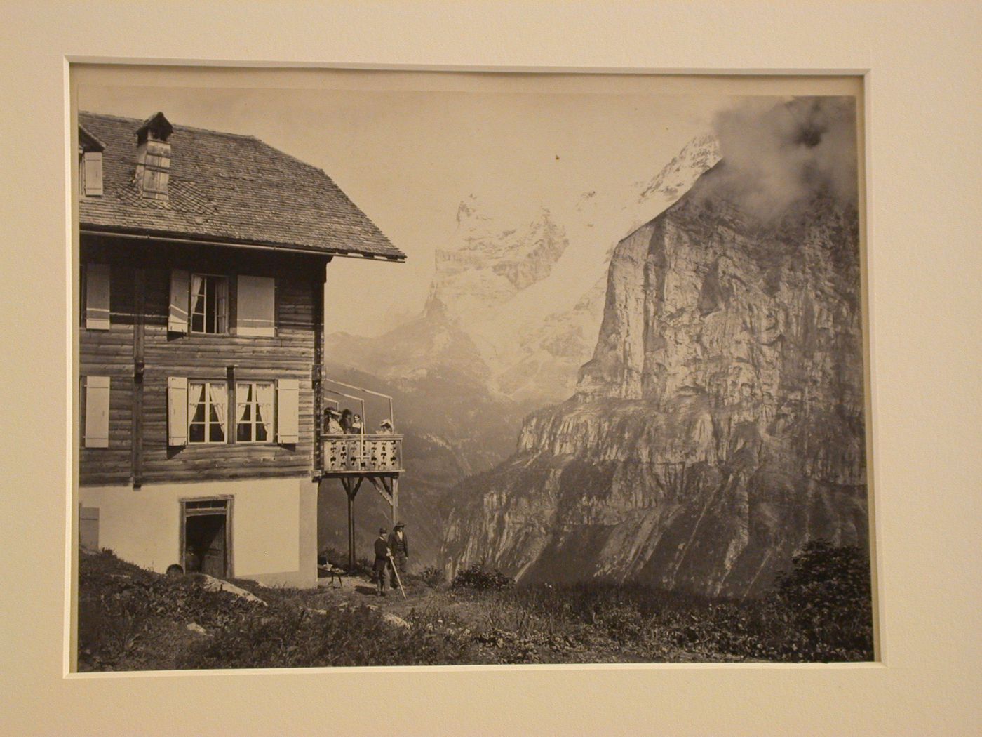 View of the Eiger, with part of chalet at left, Murren, Switzerland