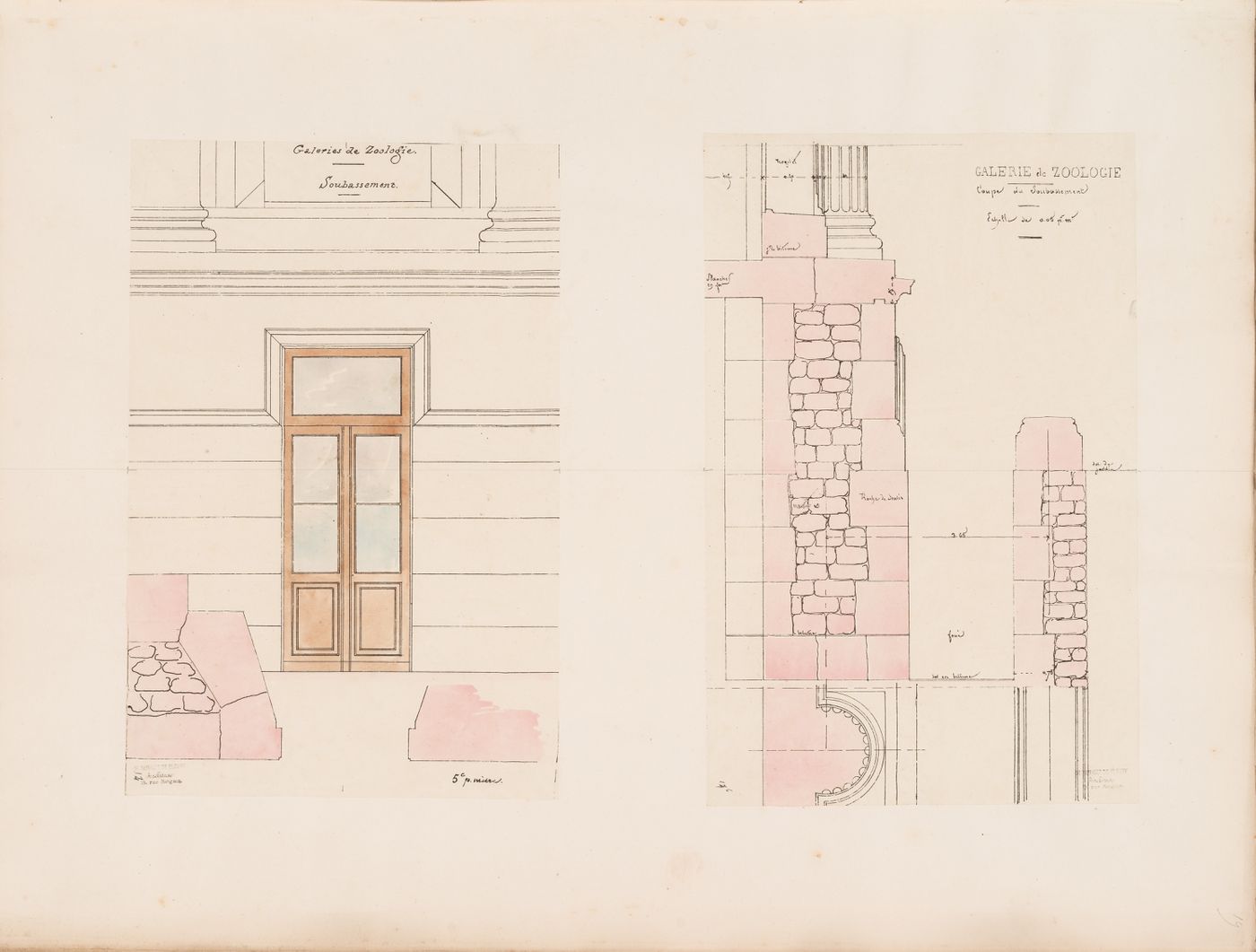 Project for a Galerie de zoologie, 1846: Partial elevation, partial plans and a wall section for the "soubassement"