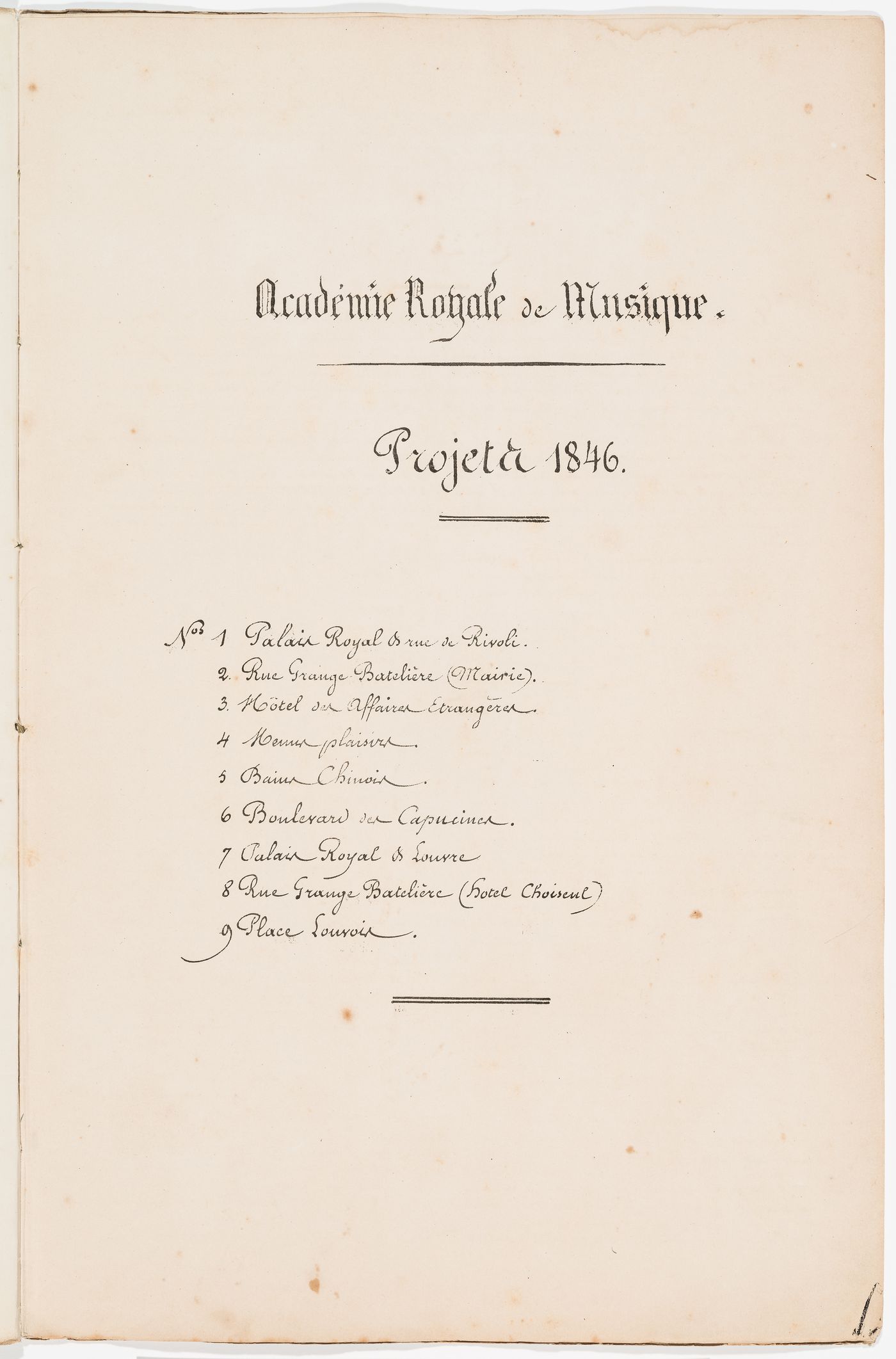 Table of contents listing nine possible locations for an opera house for the Académie royale de musique; verso: Project no. 1: Site analysis and cost estimate for an opera house for the Académie royale de musique, place du Palais Royal and rue de Rivoli