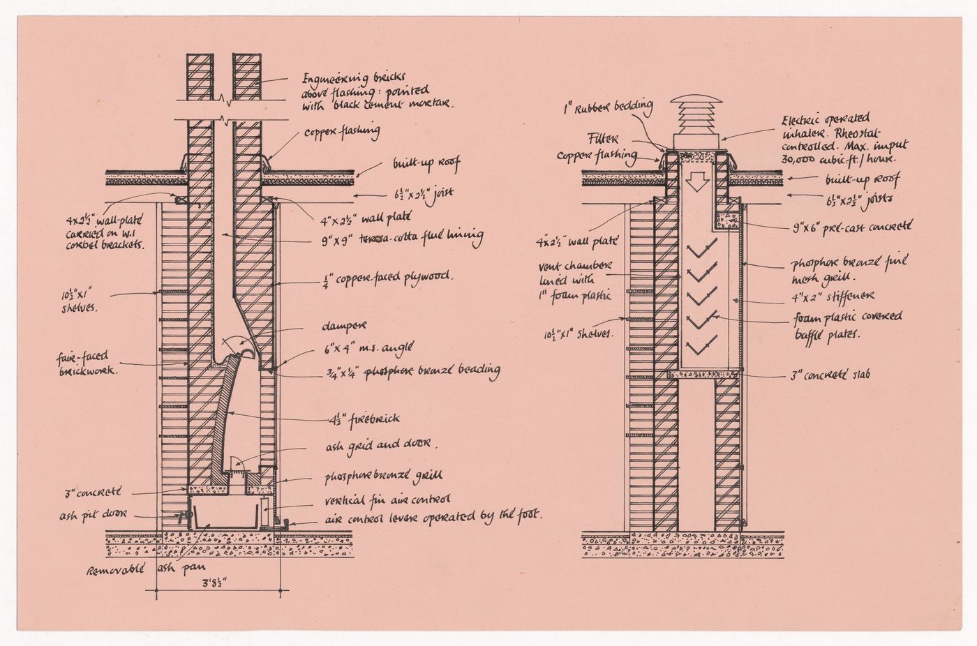 Ventilation and fireplace details for The Shape of Cambridge: A Plan, Cambridge University, England