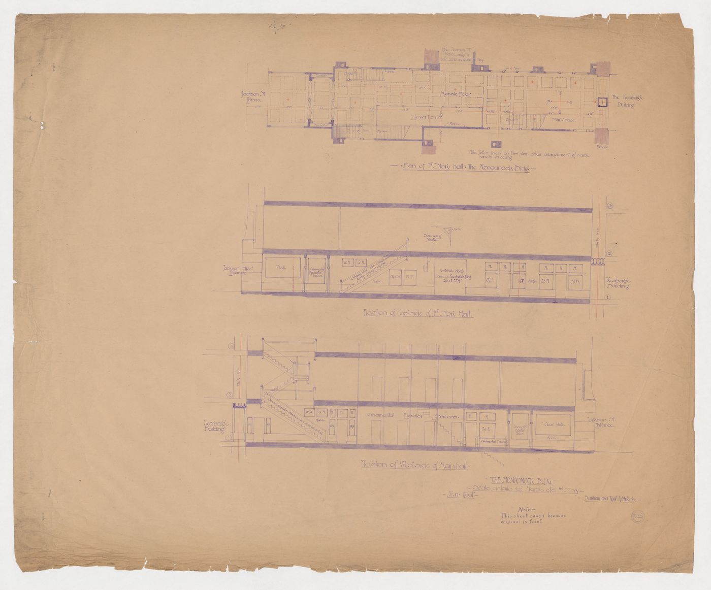 Monadnock Building, Chicago: Sections and plan, including ceiling tile pattern, for the main and first floor entrance lobbies