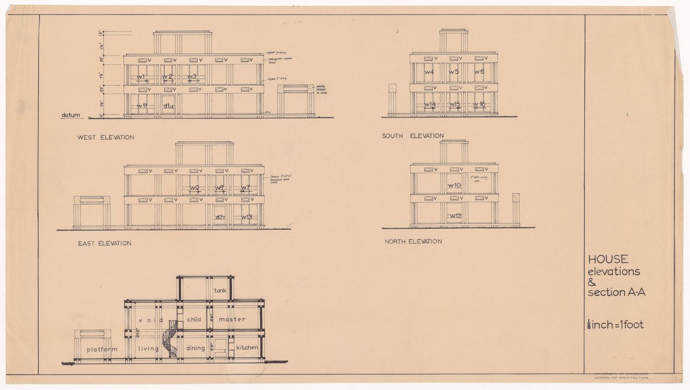 House elevations and section for The Shape of Cambridge: A Plan, Cambridge University, England