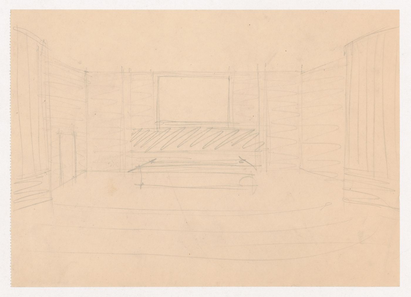 Interior perspective sketch for an auditorium for the Metallurgy Building showing a lectern and screen, Illinois Institute of Technology, Chicago