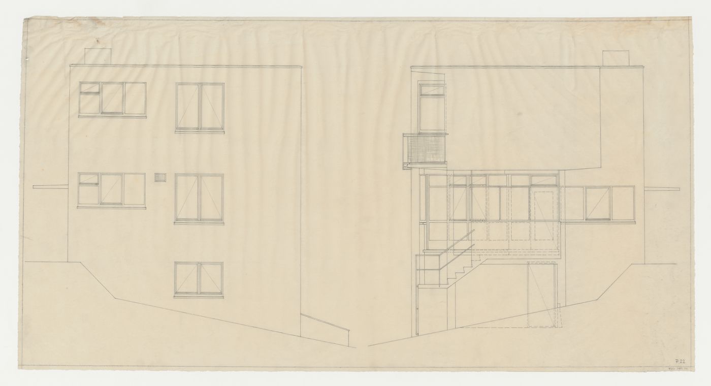 Elevation and section for Villa Palicka showing the third stage of design, Prague, Czechoslovakia (now Czech Republic)