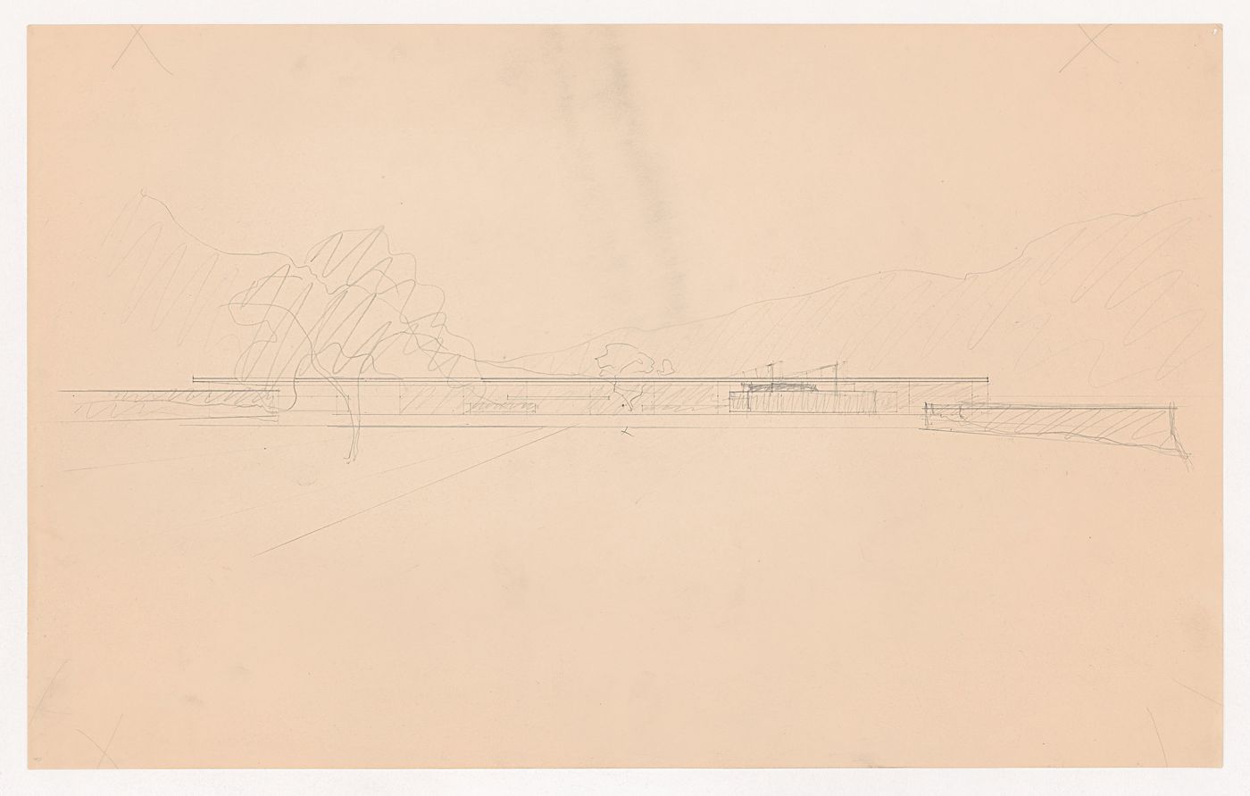 Perspective for the principal elevation for Museum for a Small City with surrounding landscape
