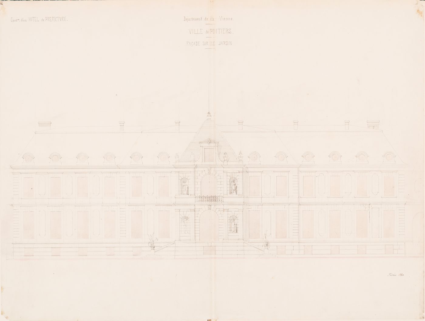 Project for a Hôtel de préfecture, Poitiers: Rear elevation for the Hôtel du Préfet