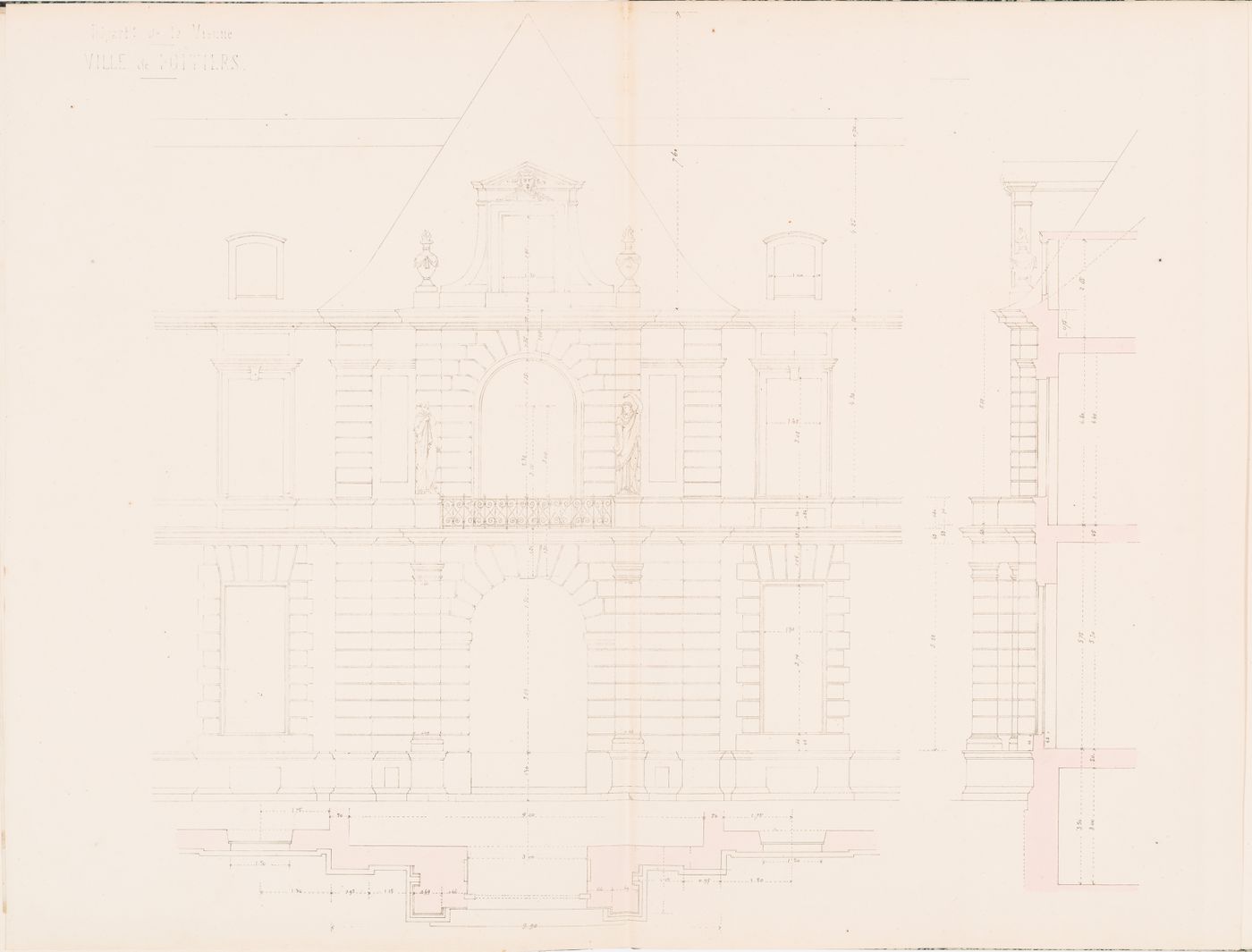 Project for a Hôtel de préfecture, Poitiers: Partial elevation, plan, and profile for the principal façade for the Hôtel du Préfet