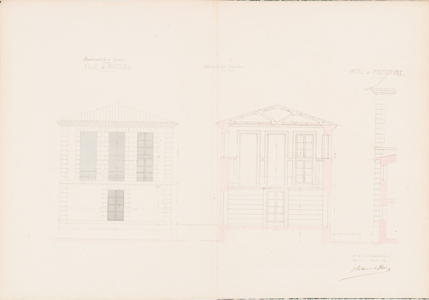Project for a Hôtel de préfecture, Poitiers: Side elevation and cross section for the Archives building