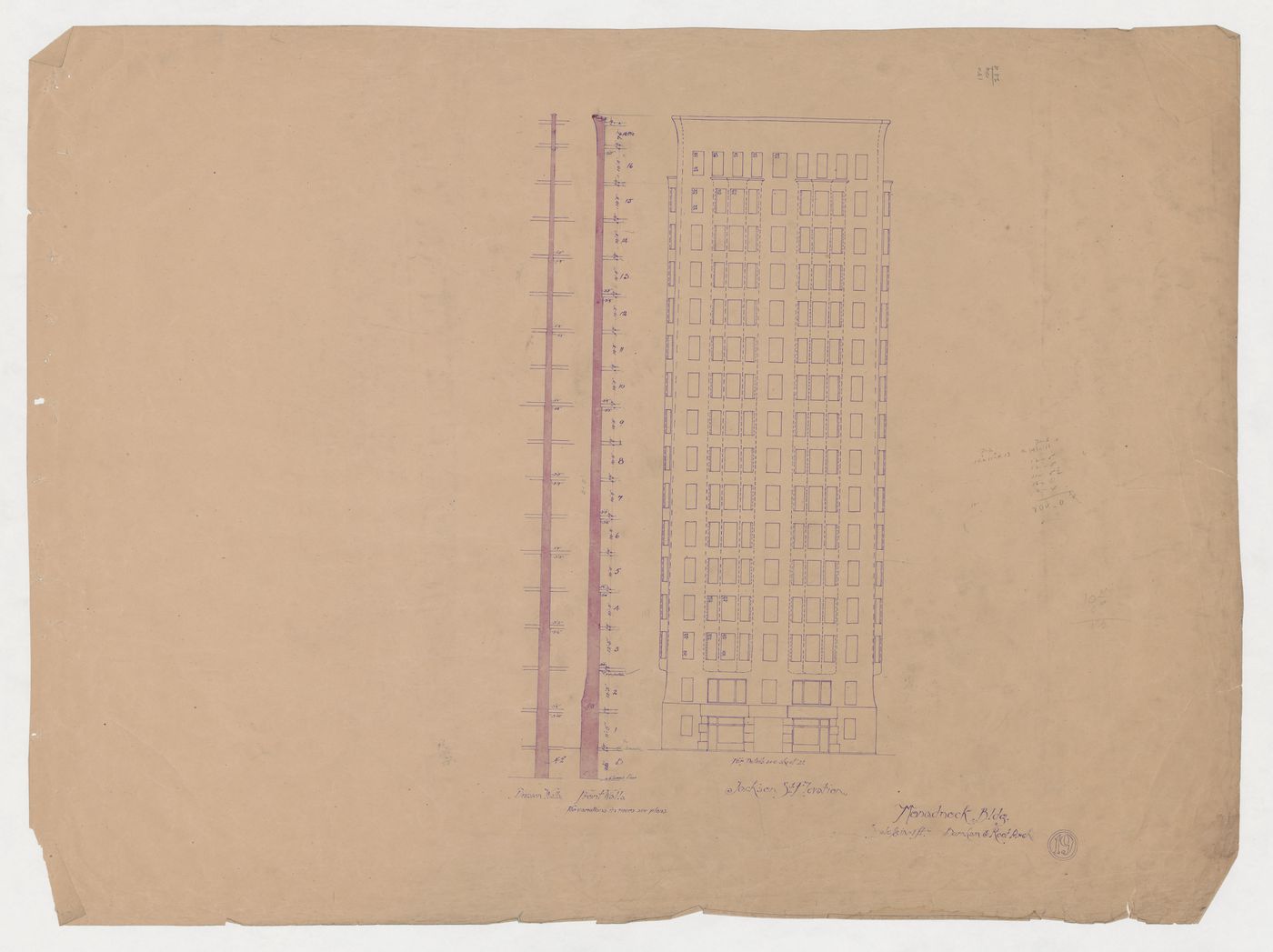 Monadnock Building, Chicago: Jackson Street elevation and sections through division and exterior walls