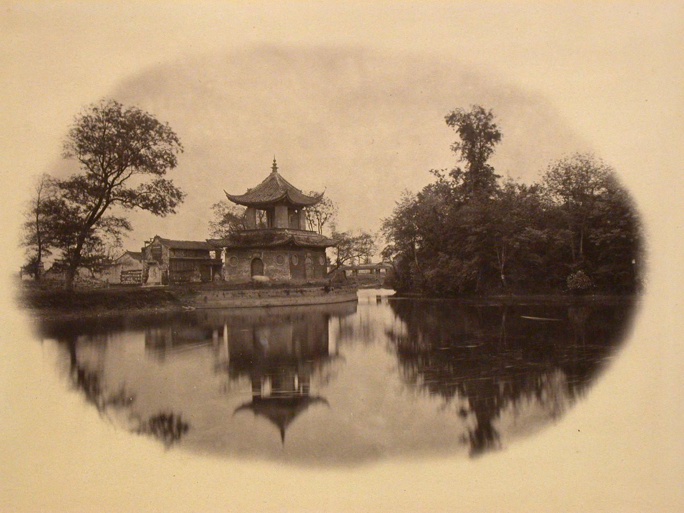 Vignette of pavillion by a pond in the outskirts of Ningpo (now Ningbo Shi), Cheh-kiang Province (now Zhejiang Sheng), China