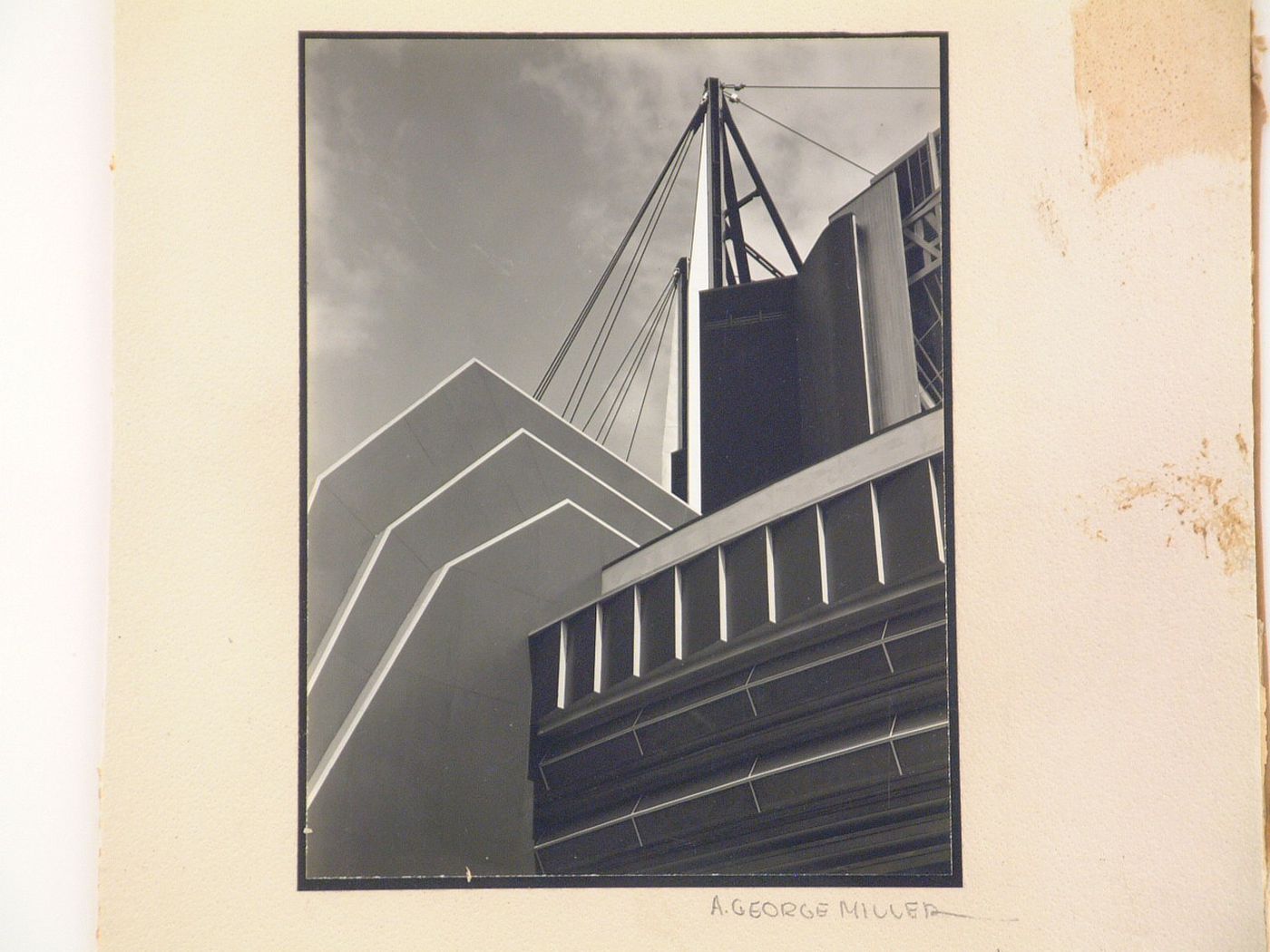 Partial view of an entrance to the Travel and Transport Building showing a portion of the entranceway and the cable structure for the roof, 1933-1934 Chicago Century of Progress Exhibition, Burnham Park (now Meigs Field), Chicago, Illinois