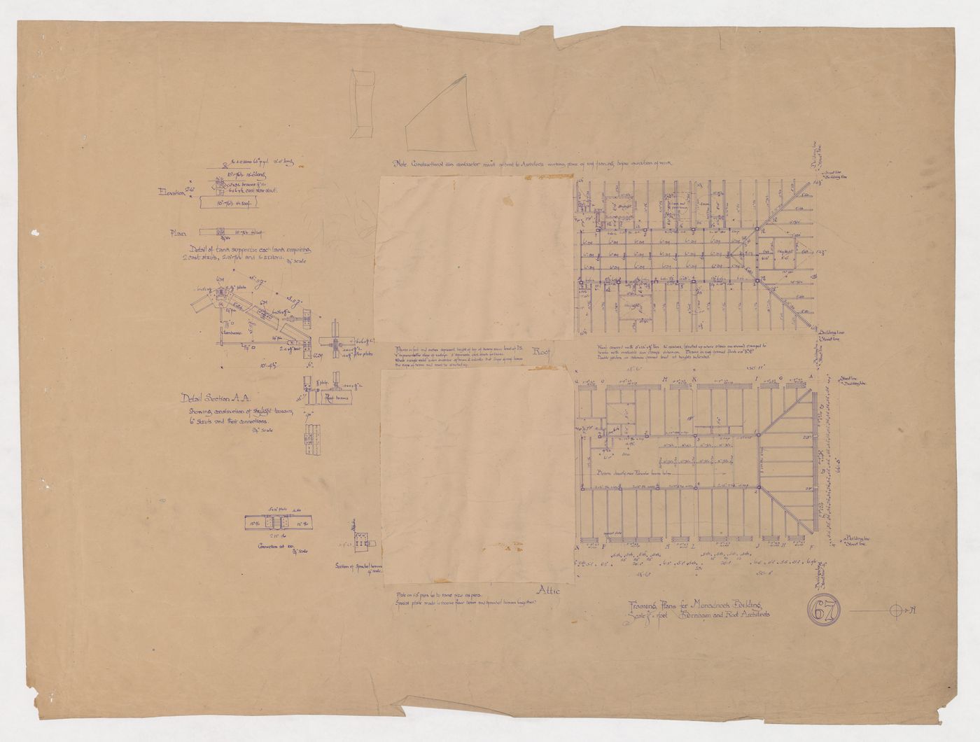 Monadnock Building, Chicago: Framing plans with details for the roof and attic