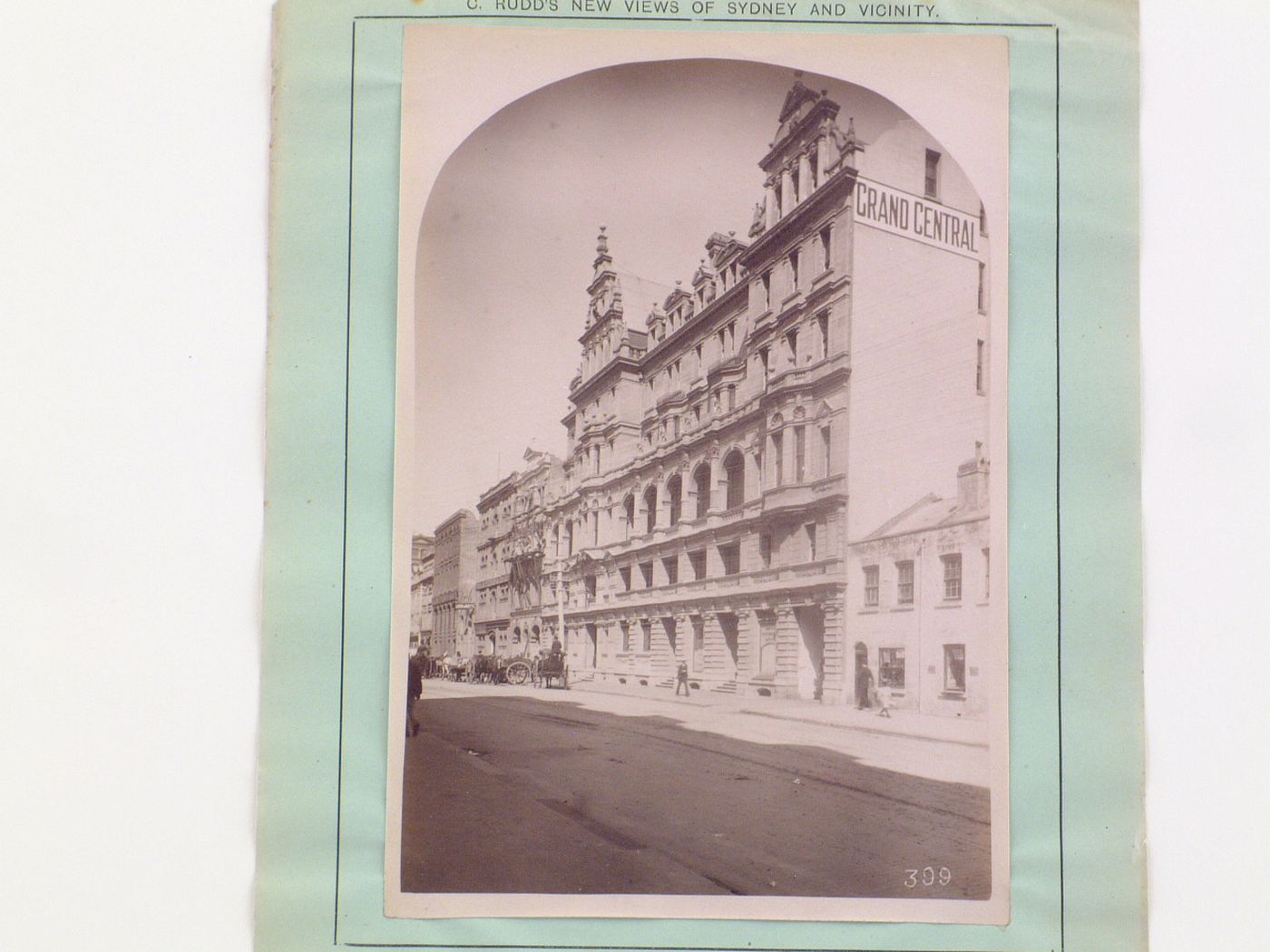 View of the principal façade of the Grand Central Coffee Palace (also known as the Grand Central Hotel Coffee Palace Limited, now demolished), Clarence Street, Sydney, Australia