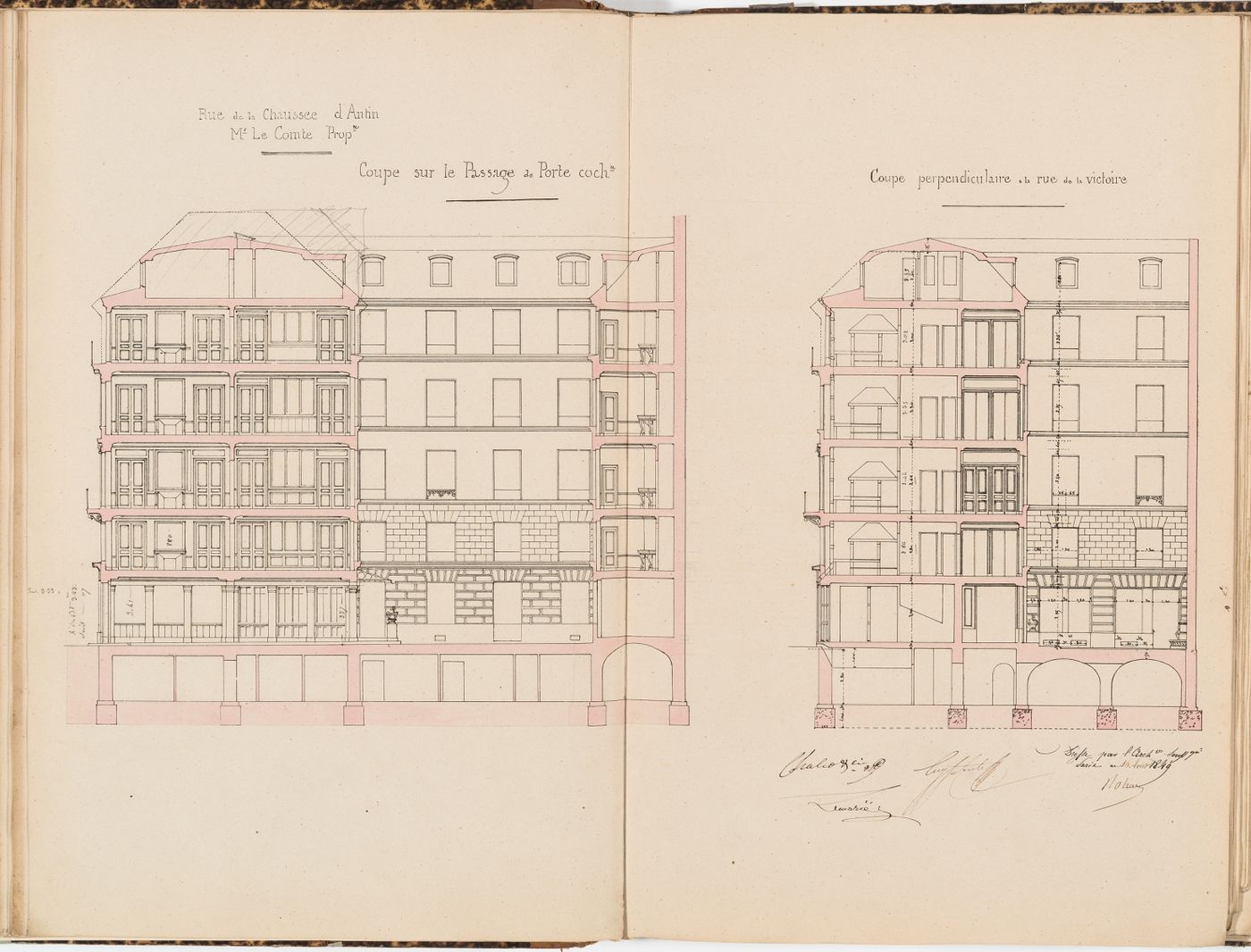 Contract drawing for an apartment house for Monsieur Le Comte, Paris: Longitudinal section through the passage of the "porte cochère", and a cross section through the courtyard