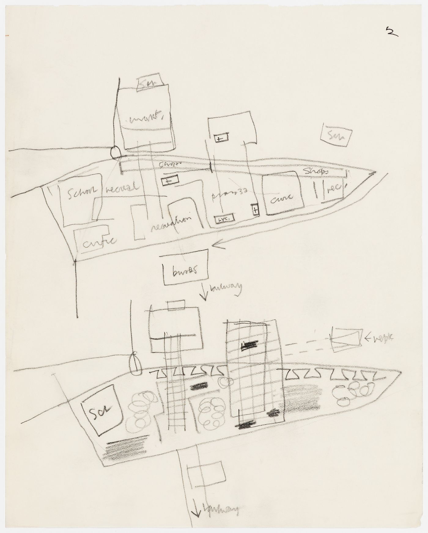 Conceptual sketch for Oldham Town Centre thesis project: plans