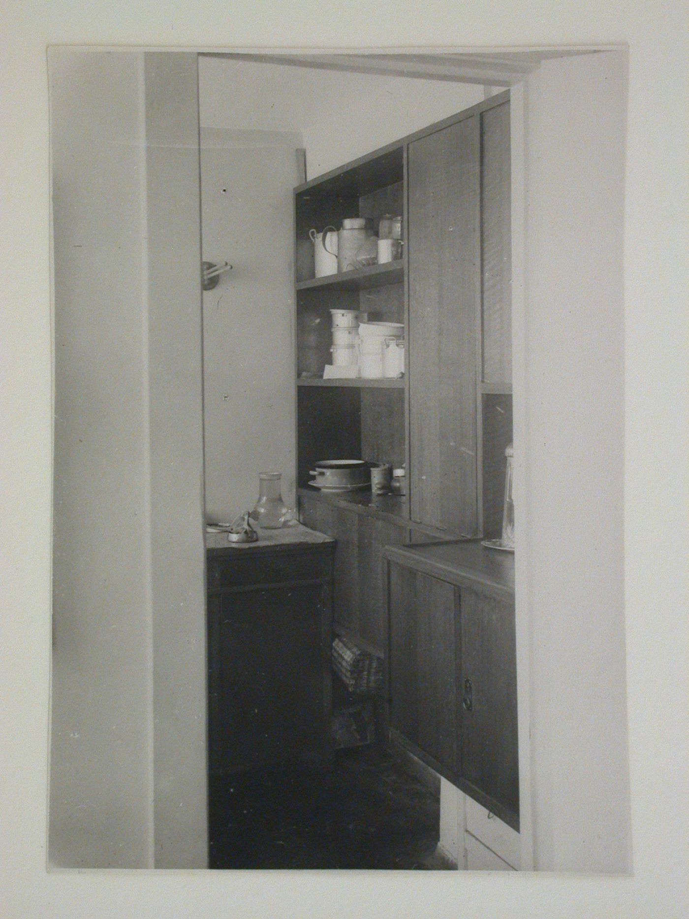 Interior view of Nikolai Milutin's apartment showing the built-in kitchen, People's Commissariat for Finance (Narkomfin) Apartment Building, 25 Novinskii Boulevard, Moscow