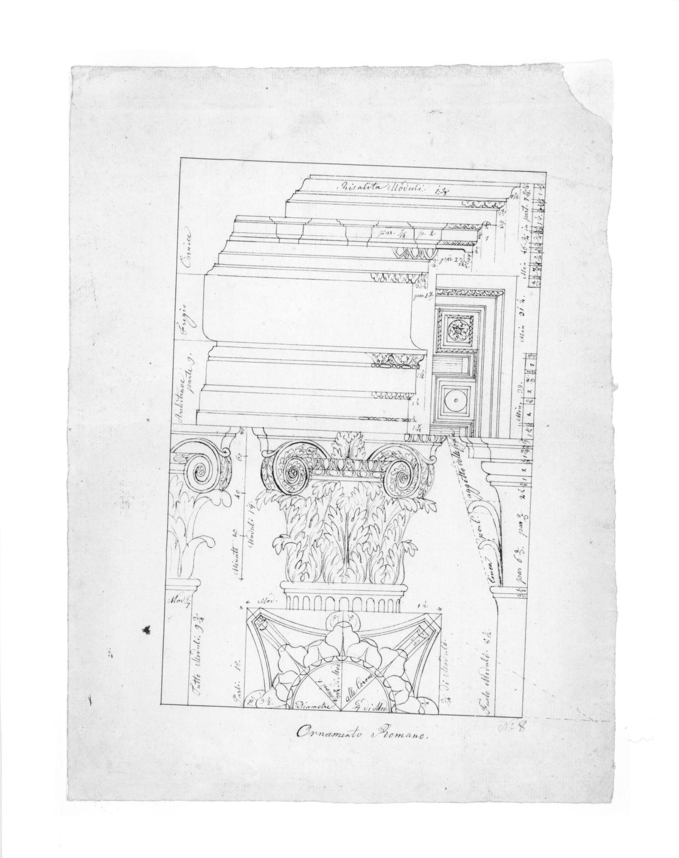 Plan, elevations, section of a composite entablature, capital