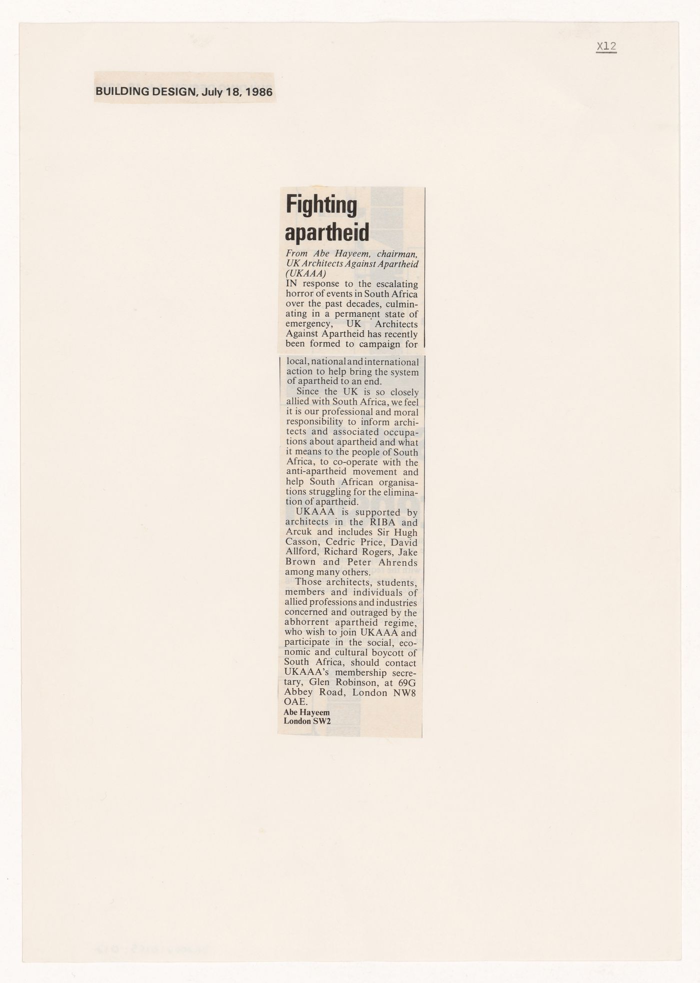 Newspaper clipping, "Fighting apartheid"