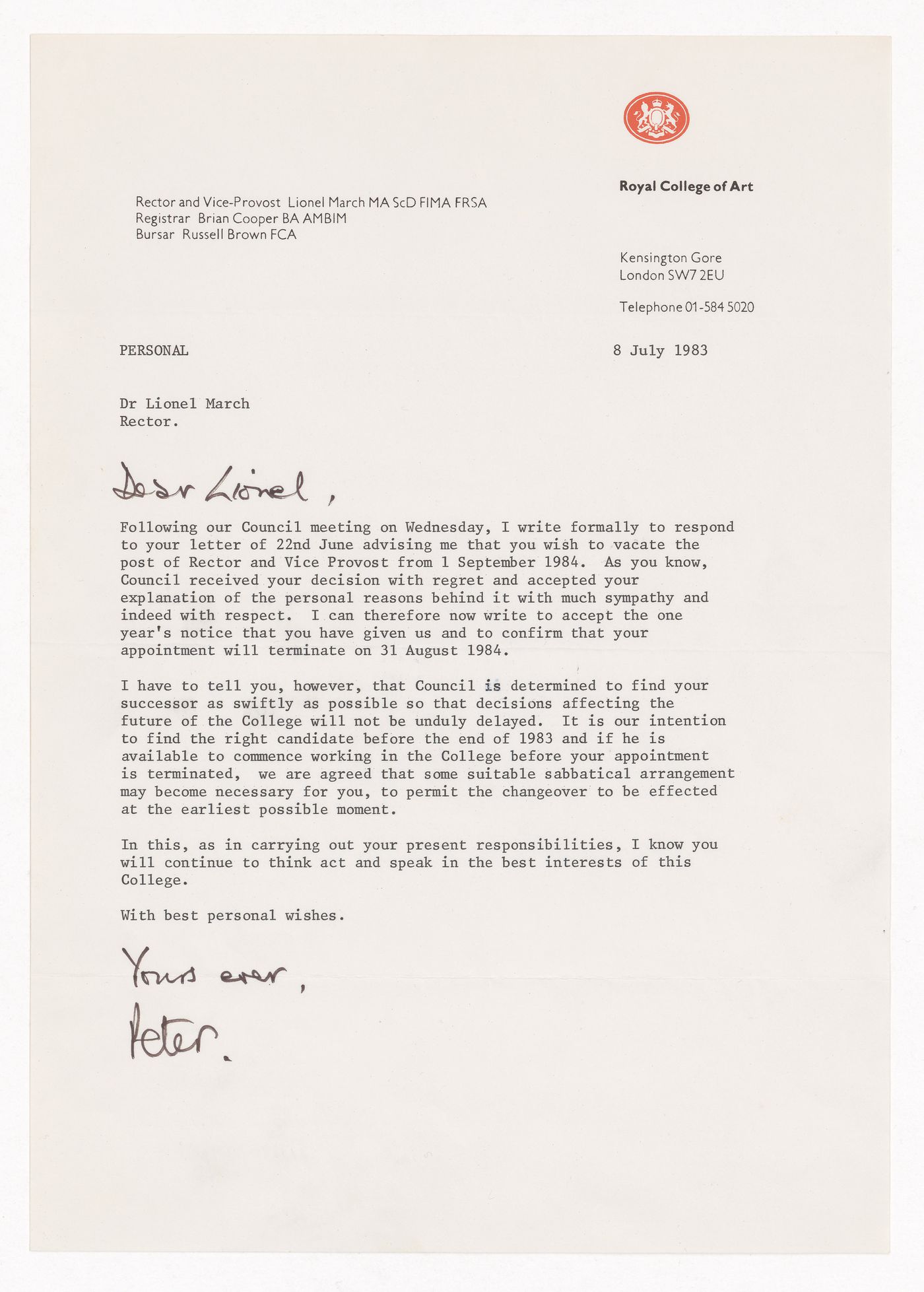 Correspondence from Peter Byrom to Lionel March regarding resignation from Royal College of Art, London