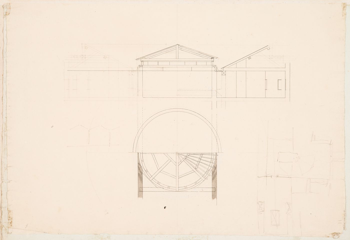 Partial plan for a theatre; verso: Section and partial roof plan for an unidentified building
