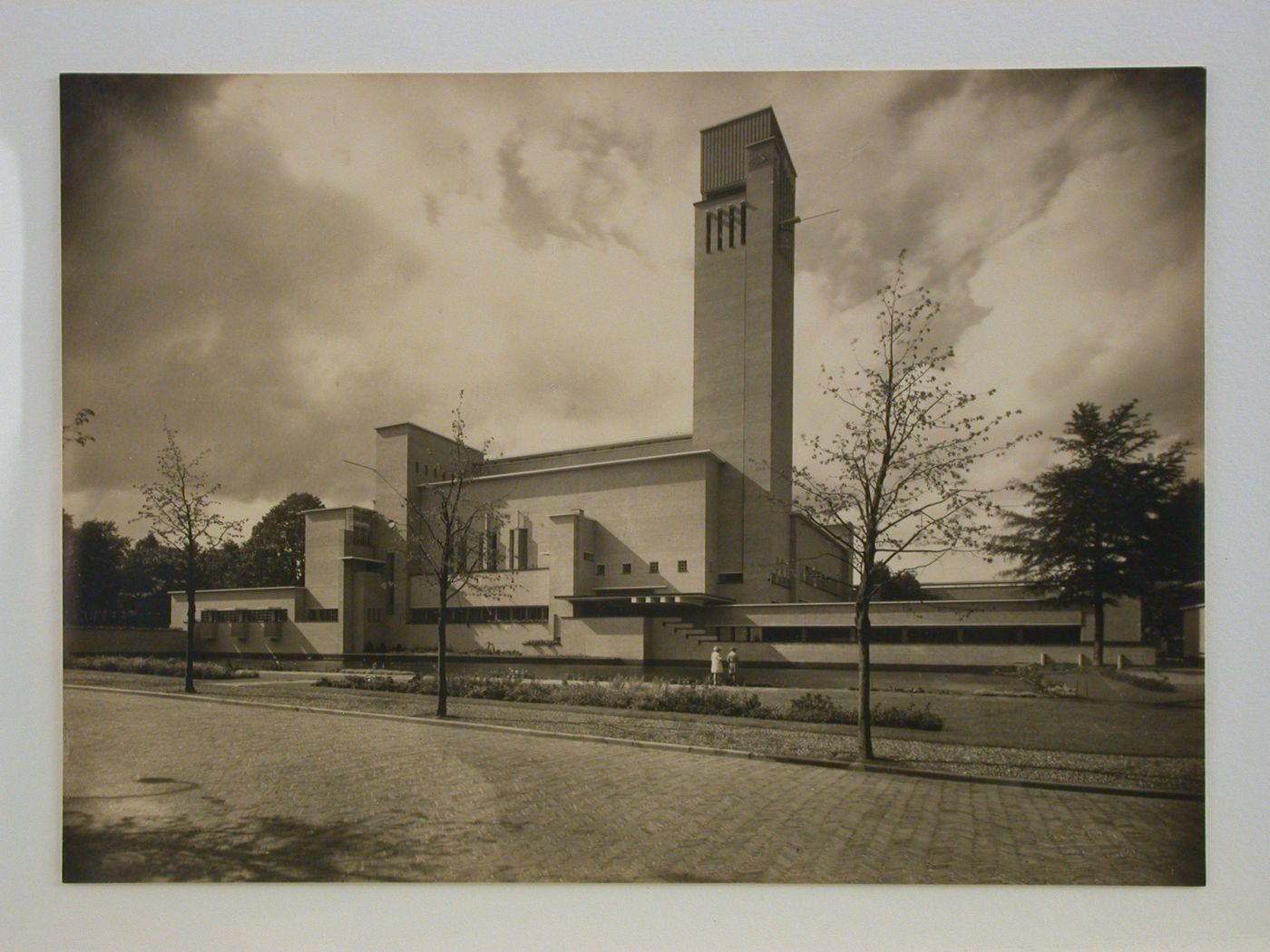 Town Hall, showing street, pool and two women in front of building, Hilversum, Netherlands