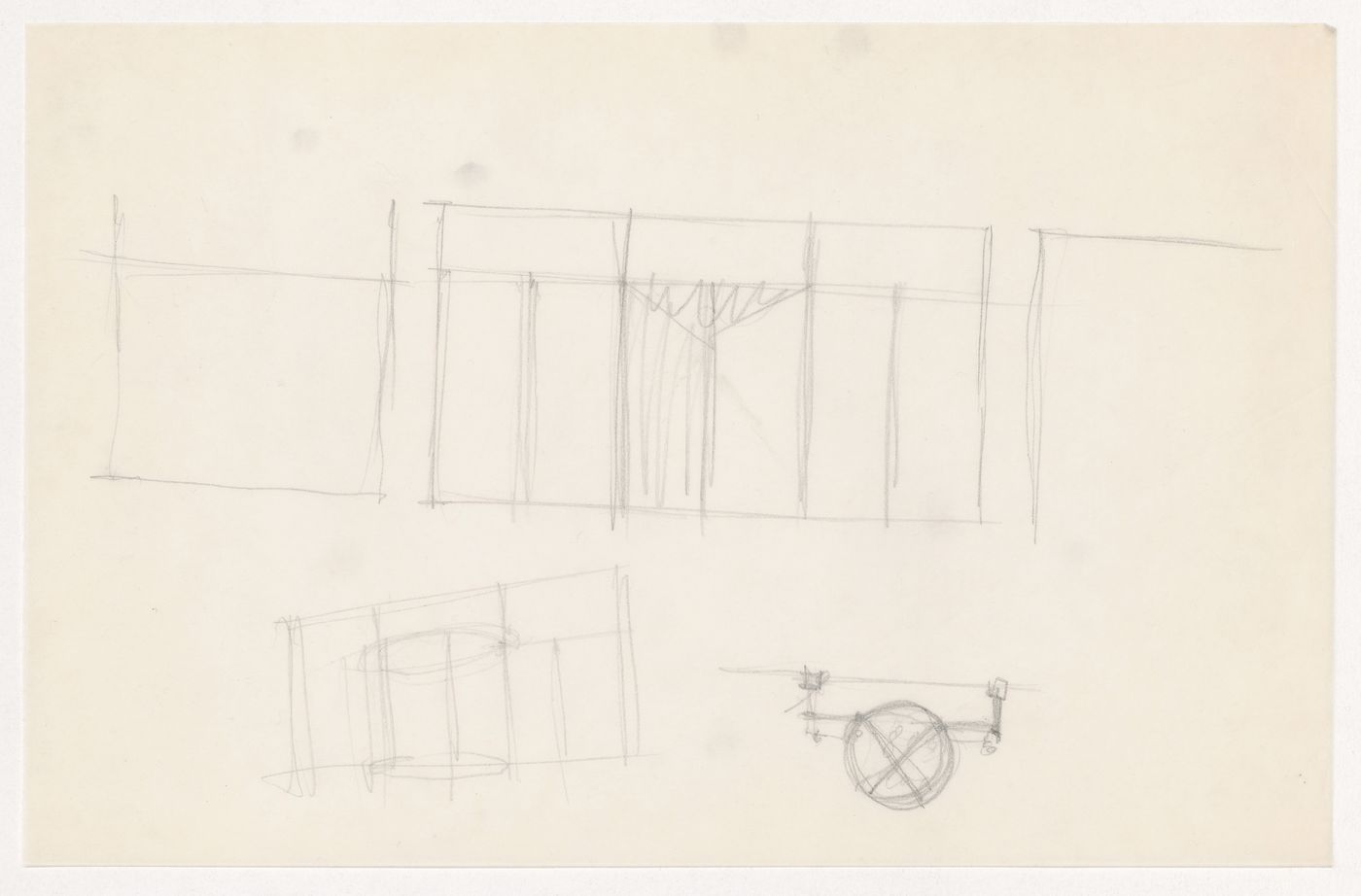Sketch elevation for entrance, and perspective sketch and sketch plan for revolving door for the Metallurgy Building, Illinois Institute of Technology, Chicago