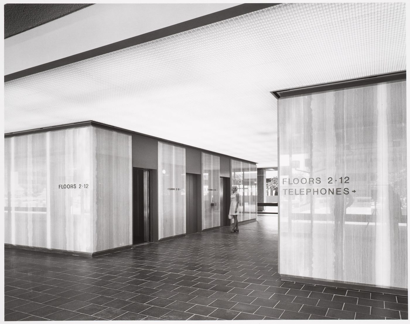 Interior view of the lobby and elevator bay of the Equitable Life Building, Los Angeles, California, United States