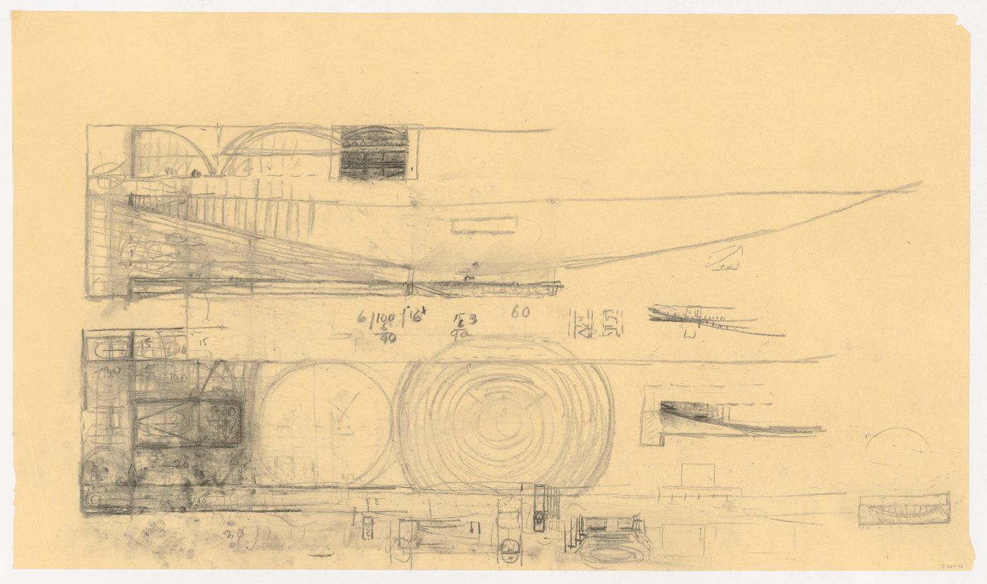 Partial sketch plan and elevation with thumbnail sketches for the Palazzo dei Congressi, Venice, Italy