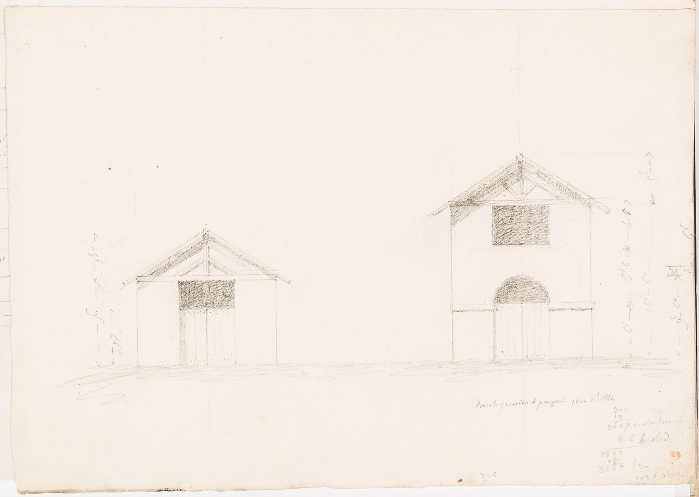 Elevation, probably for an outbuilding, Domaine de La Vallée; verso: Sketch plan for an unidentified building