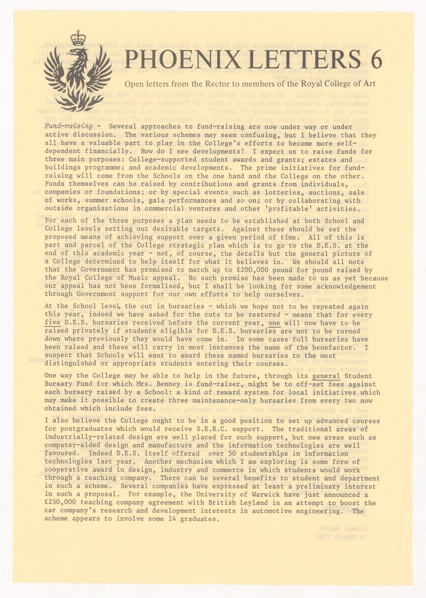 Open letter by Lionel March for the Royal College of Art publication "Phoenix Letters"