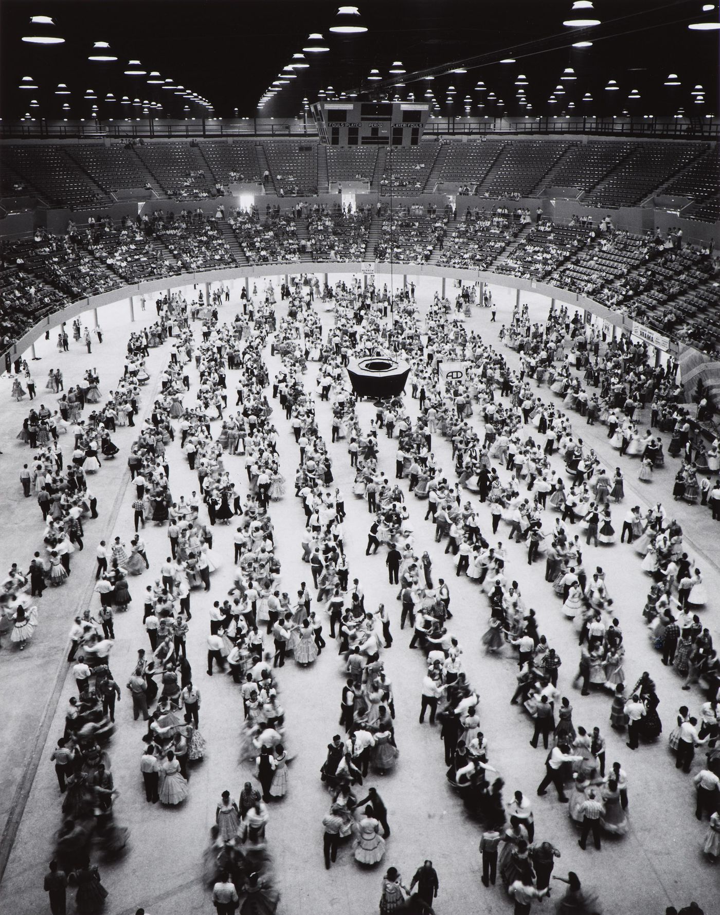 View of the Los Angeles Memorial Sports Arena during a square dancing exhibition, California, United States