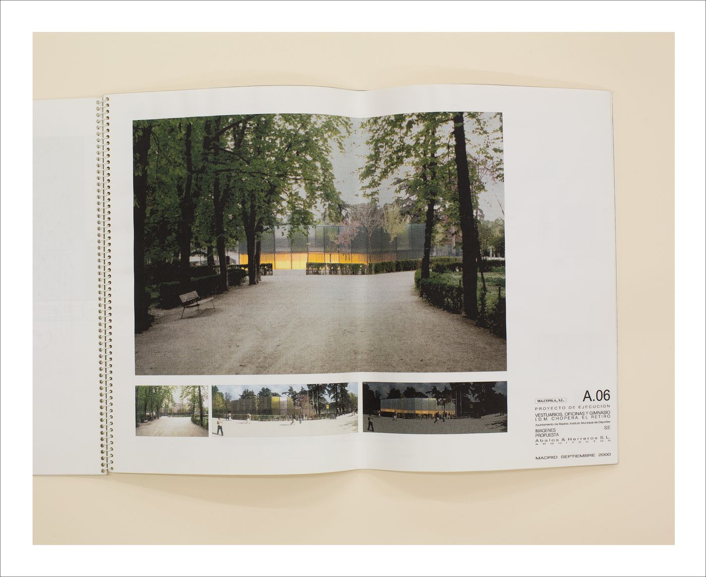 Proofs of Relevance: View of a photographic layout in a spiral-bound book for the Retiro Park Gymnasium, Abalos & Herreros (1993-2003), Madrid, Spain