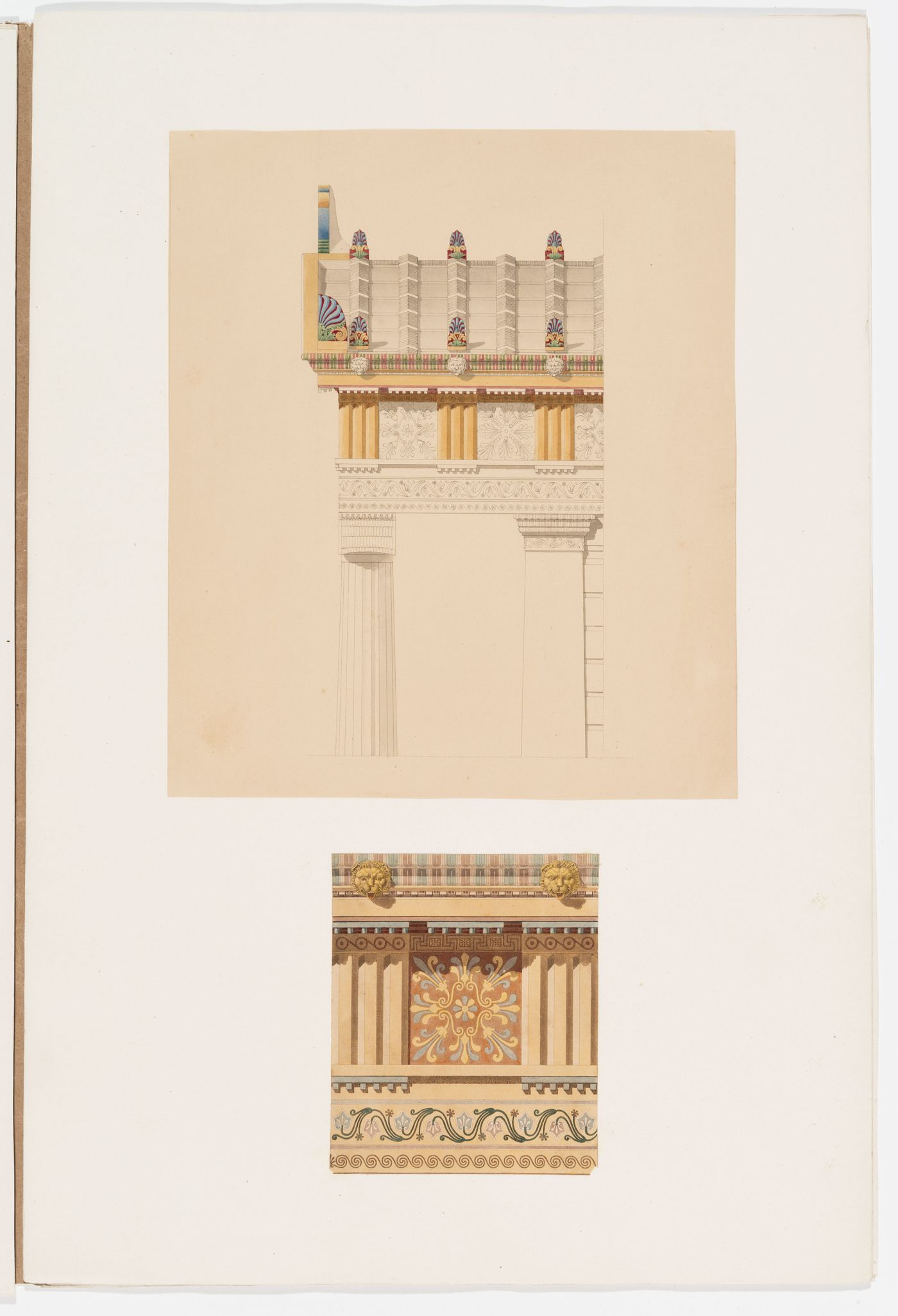 Partial side elevation of a temple and a detail of the entabulature, both with polychrome ornament