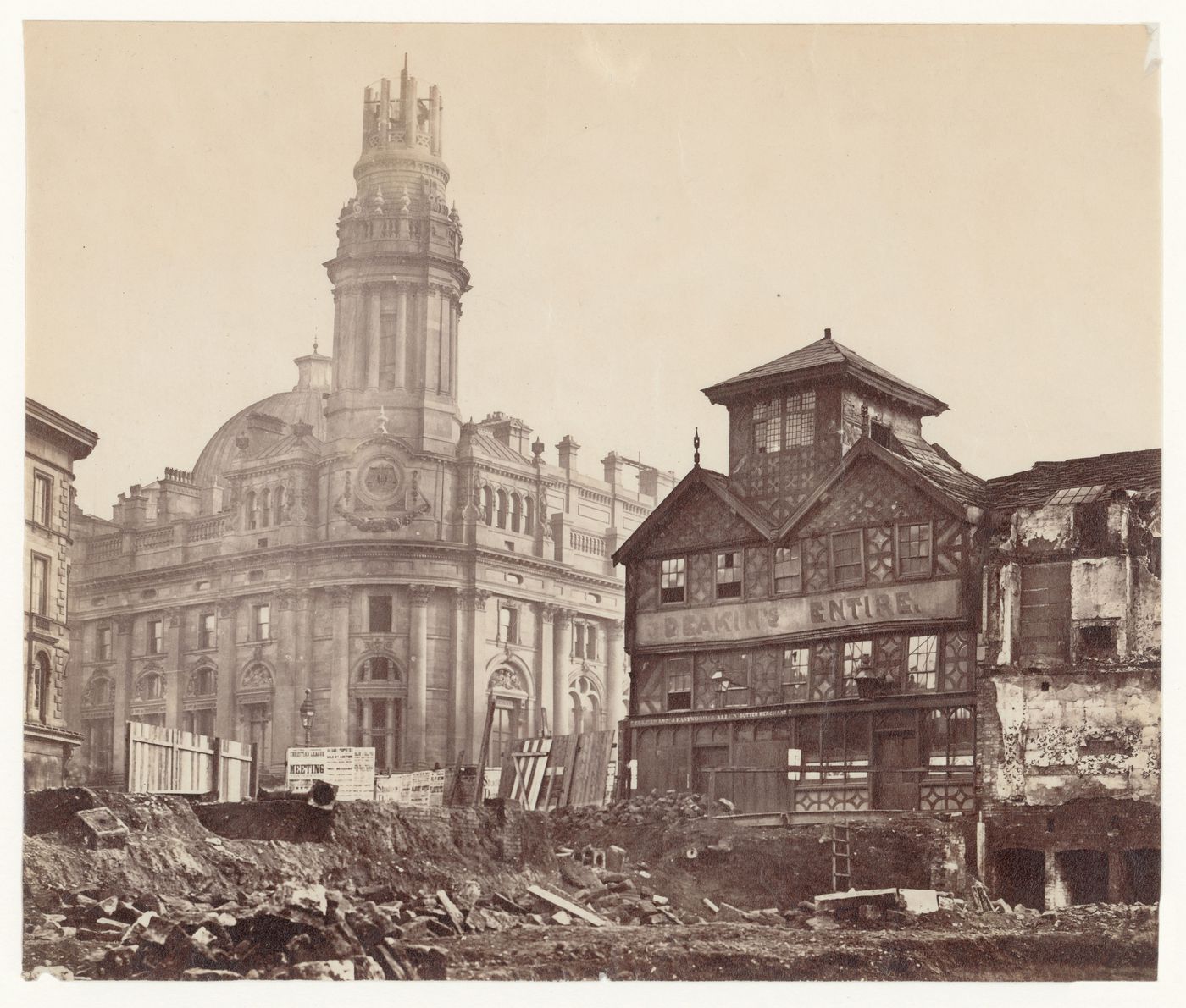 Demolition/construction site showing Vintner's Arms and the new Royal Exchange, Manchester, England