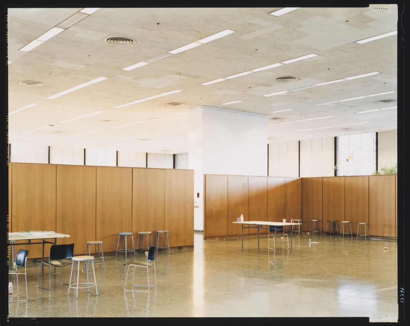 Interior view of Crown Hall showing furniture and wooden walls, Illinois Institute of Technology, Chicago, Illinois