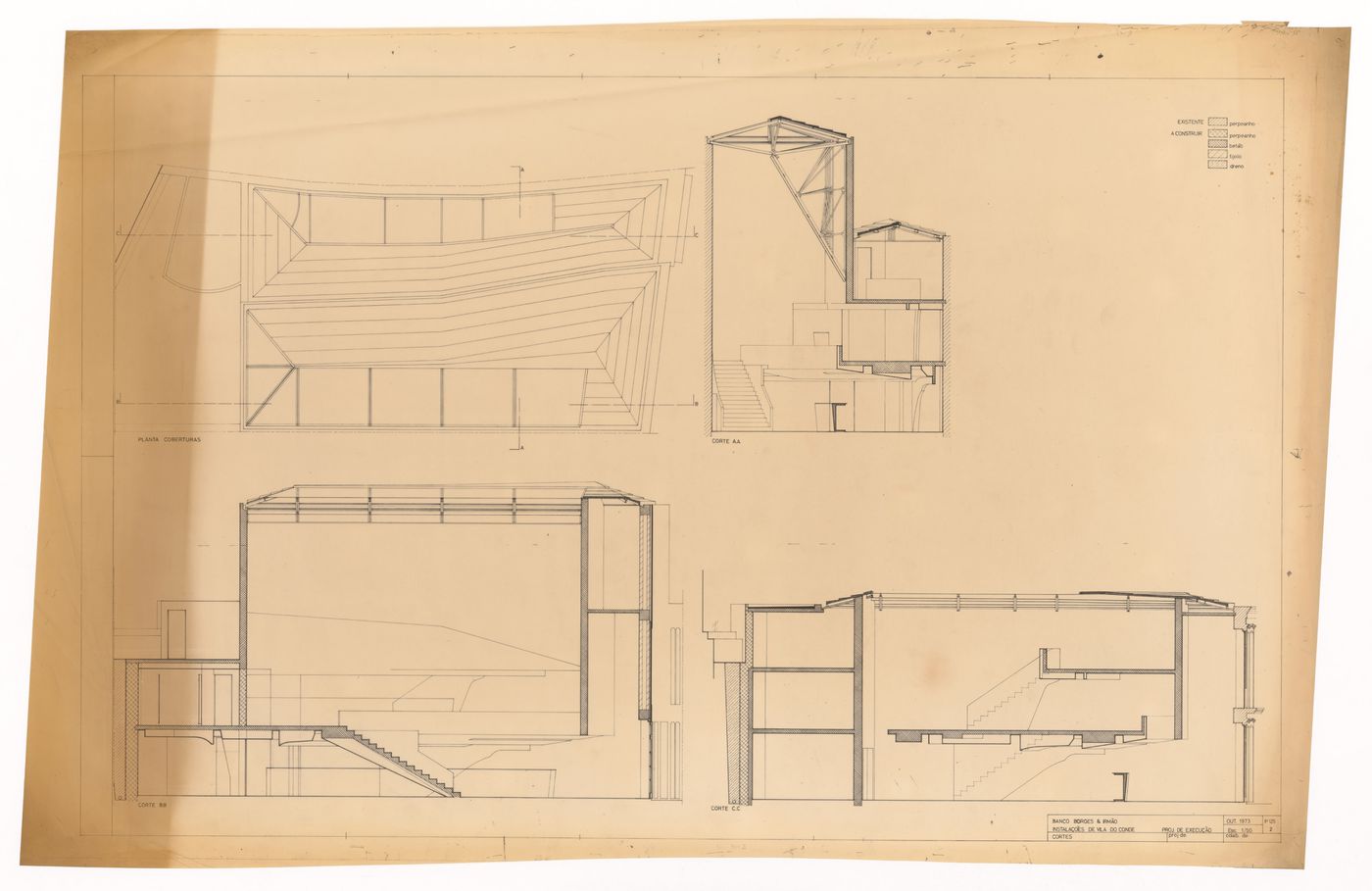 Plan and sections for Borges & Irmão bank, Vila do Conde