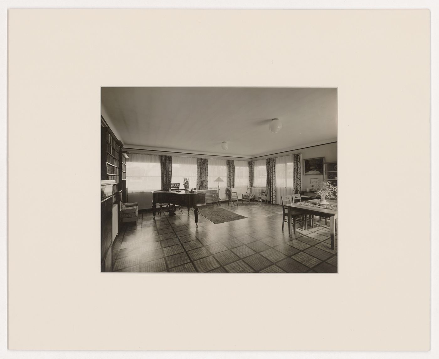 Interior view of living room with piano of Trapenard villa, Sceaux, France