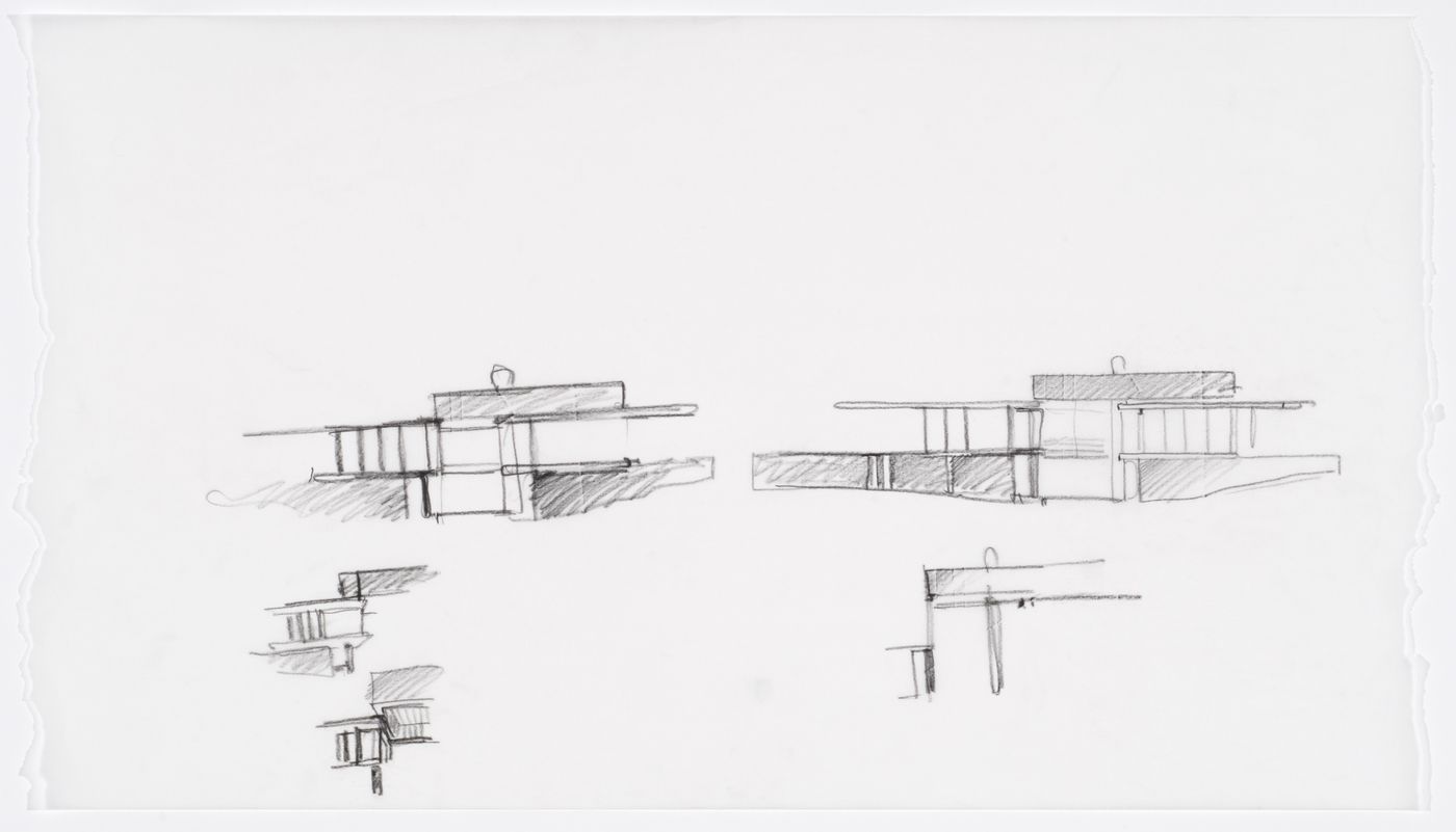House of Hurricane Lake, Haliburton, Ontario: Sketch elevations and perspective