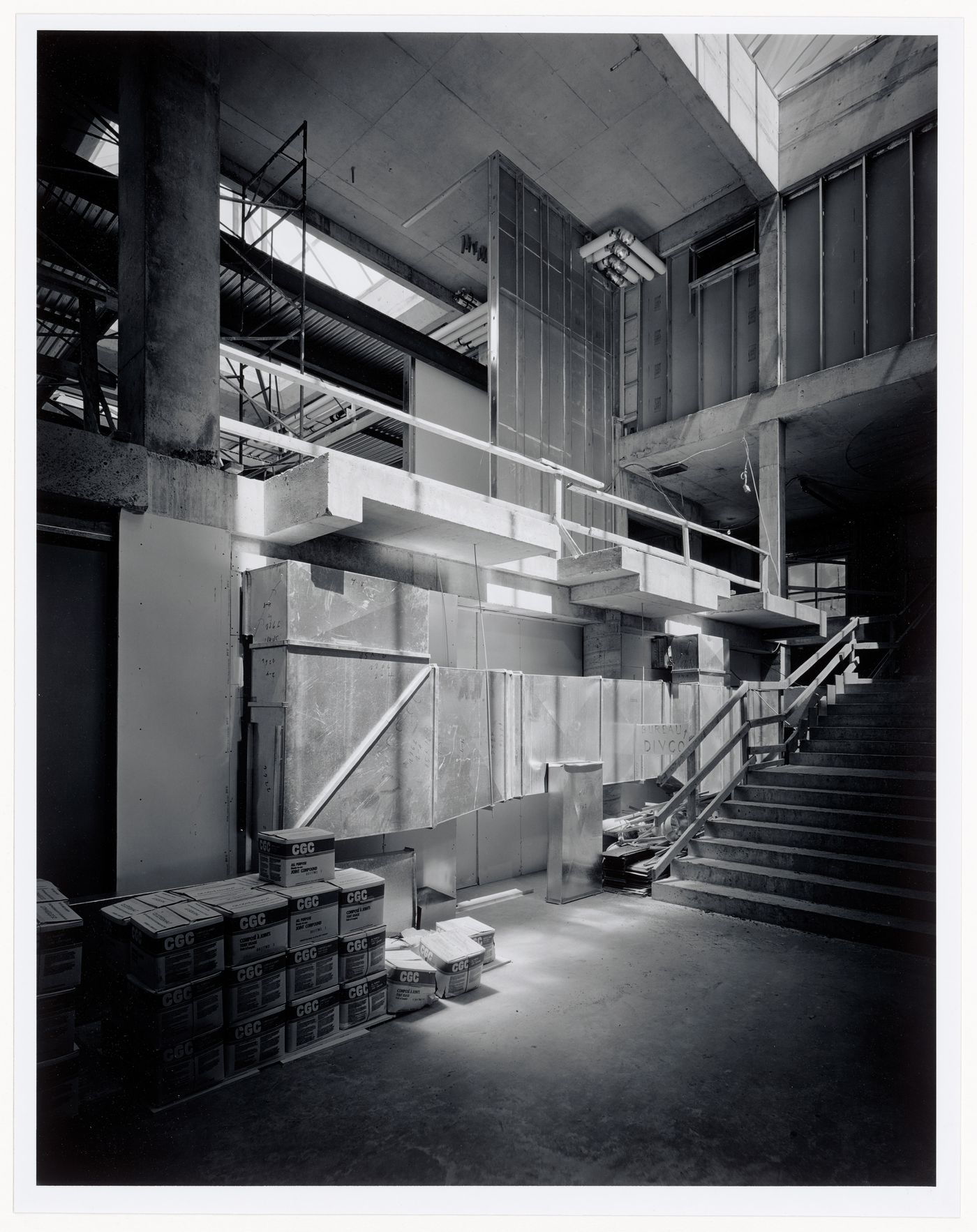 Interior view of the Entrance Court showing the stairs, Canadian Centre for Architecture under construction, Montréal, Québec