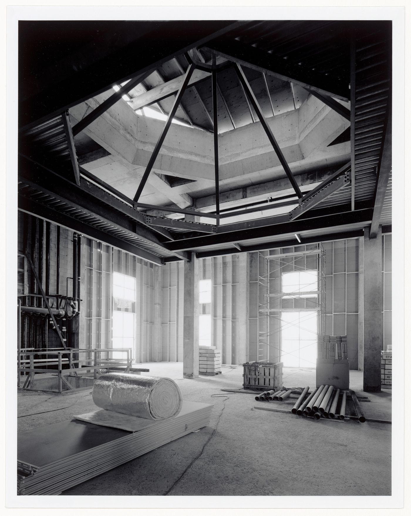 Interior view of the Octagonal Gallery and bookstore from the southeast, Canadian Centre for Architecture under construction, Montréal, Québec, Canada